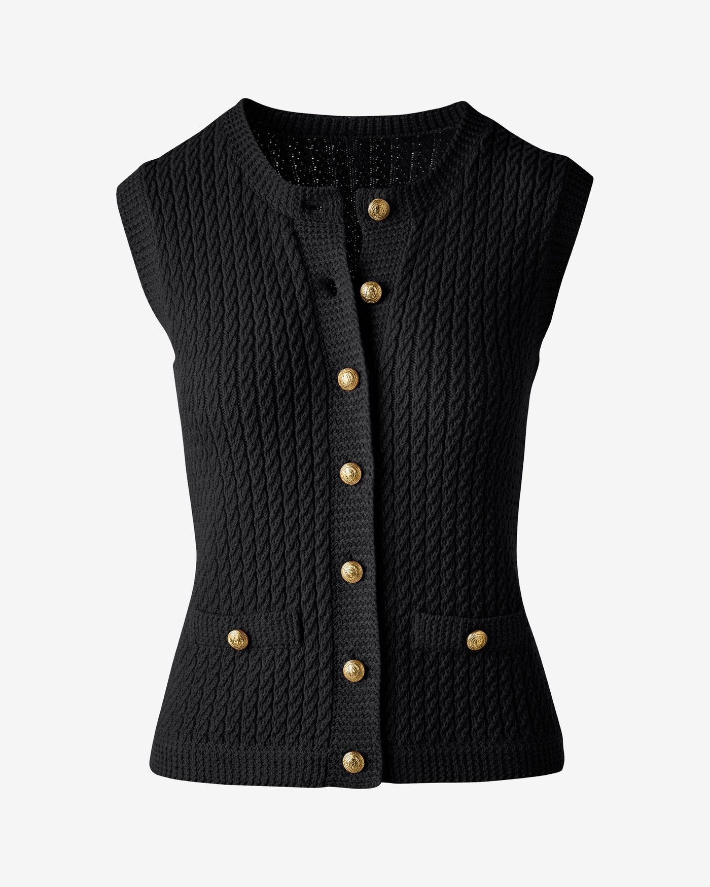 Sleeveless Textured Knit Button Front Sweater Black