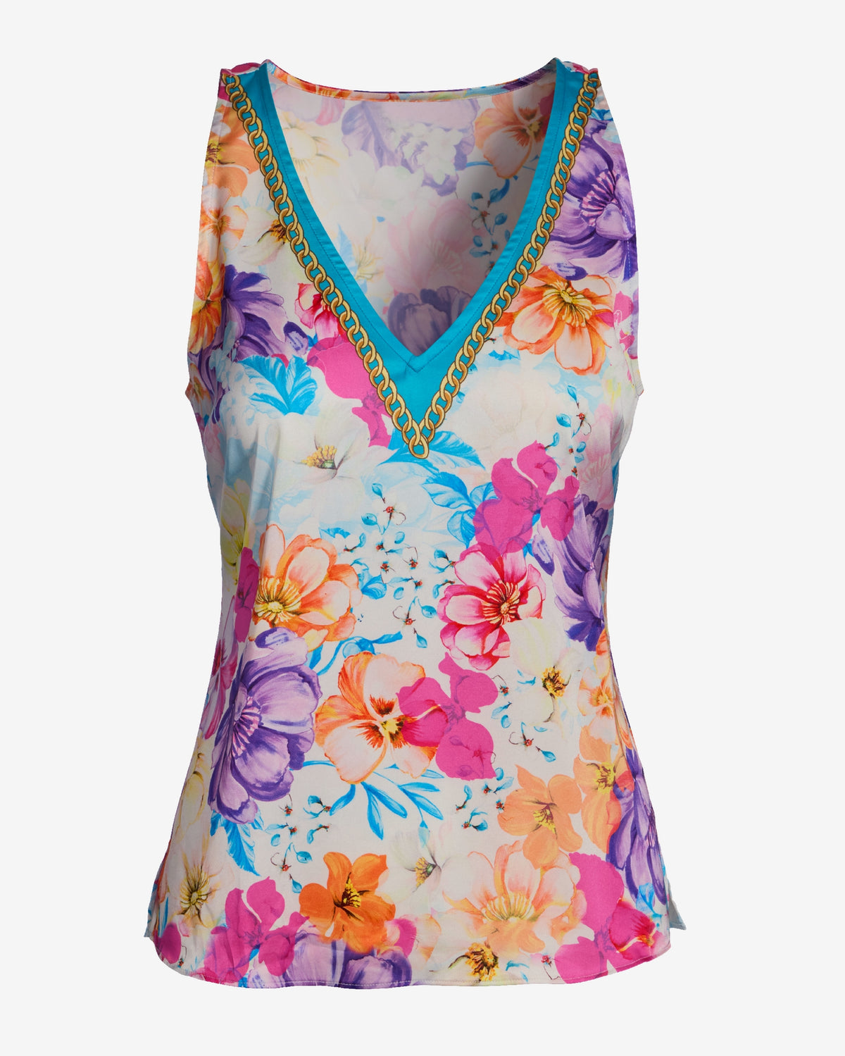 Print Chain Detail V Neck Charmeuse Blouse Iris Garden Placement
