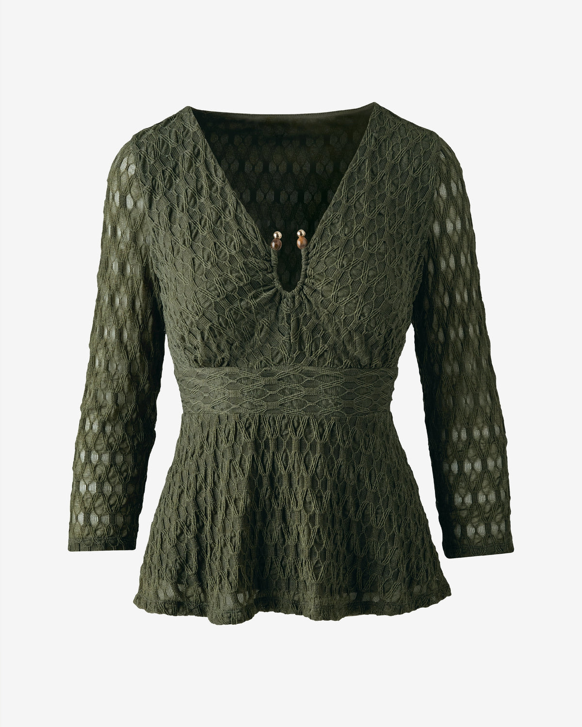 Textured Knit Top with Beaded Neck Detail Bronze Green