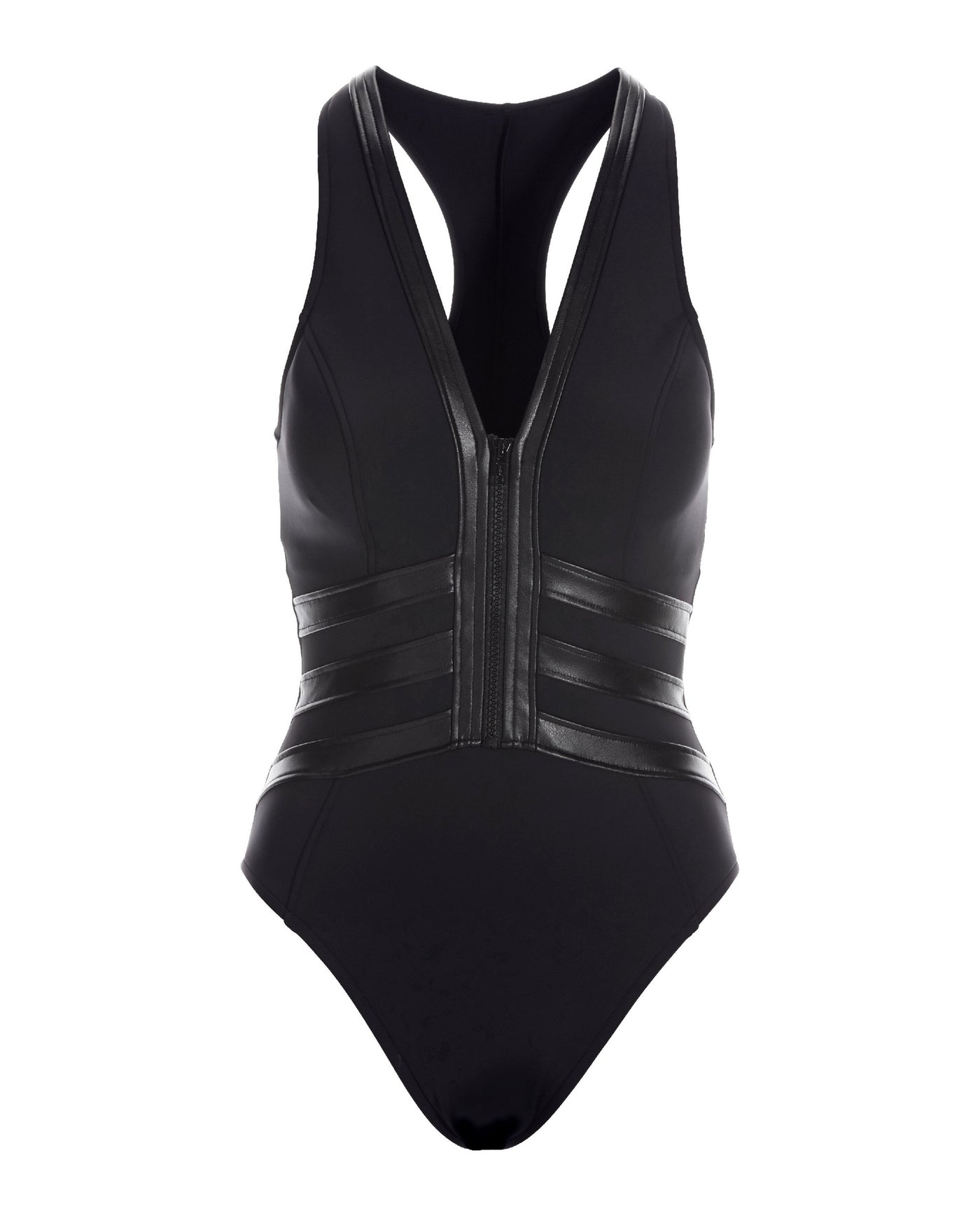ZIP FRONT FAUX LEATHER ONE PIECE SWIMSUIT Black