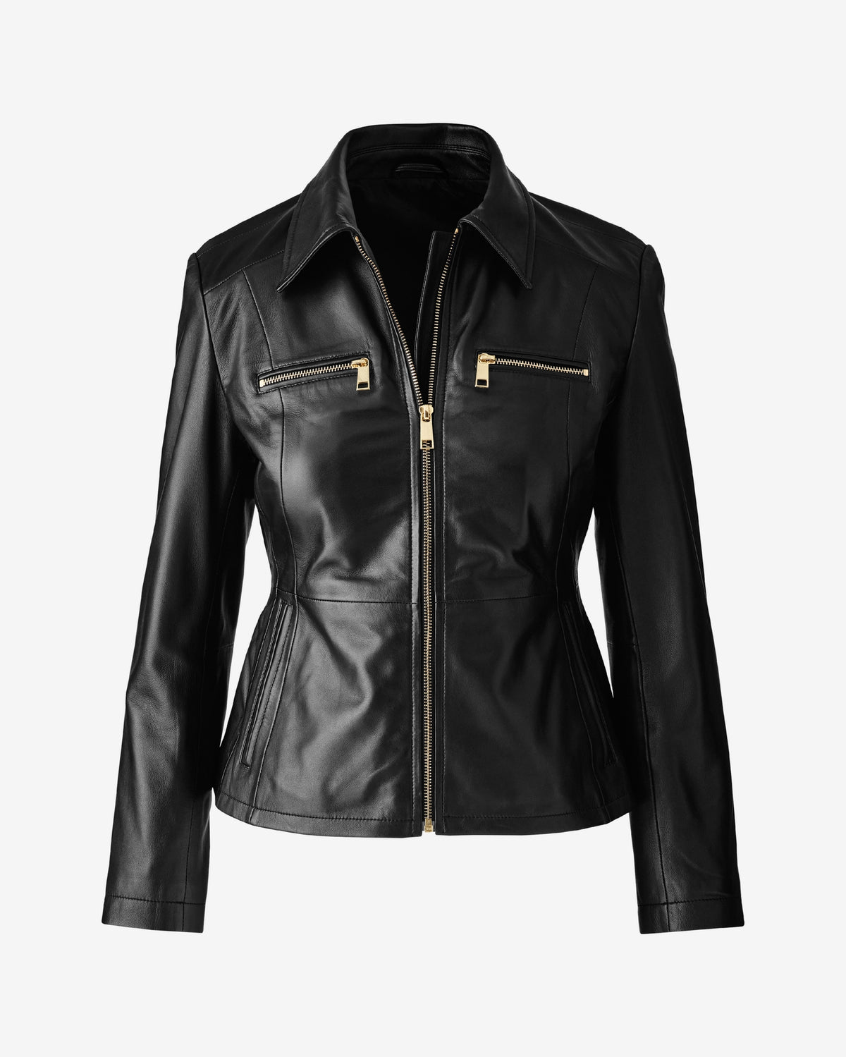 Zip Front Genuine Leather Peplum Jacket Proper Black