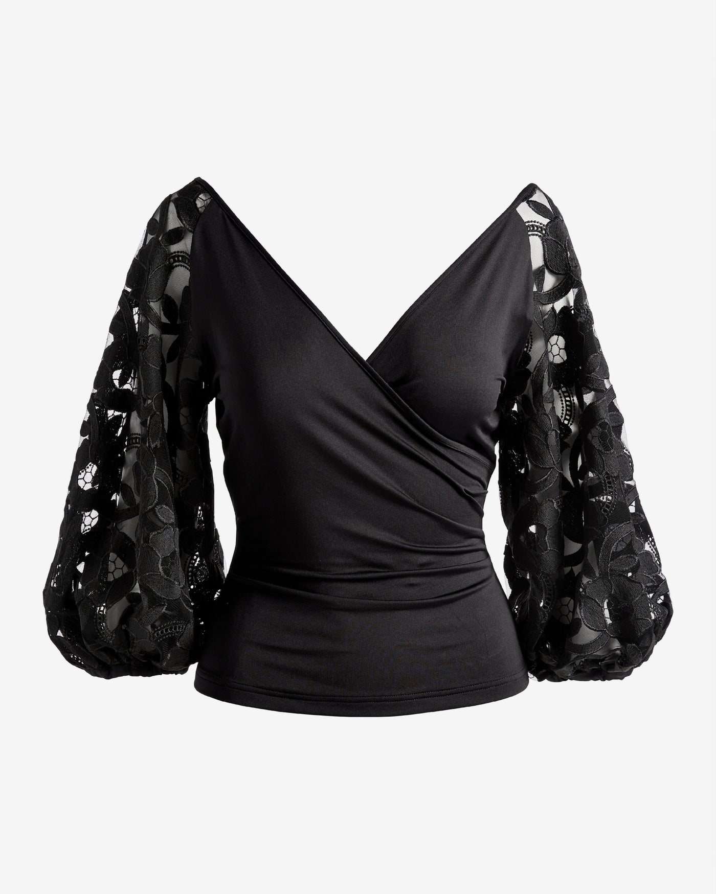 Embroidered Lace Sleeve Surplice Knit Top Black