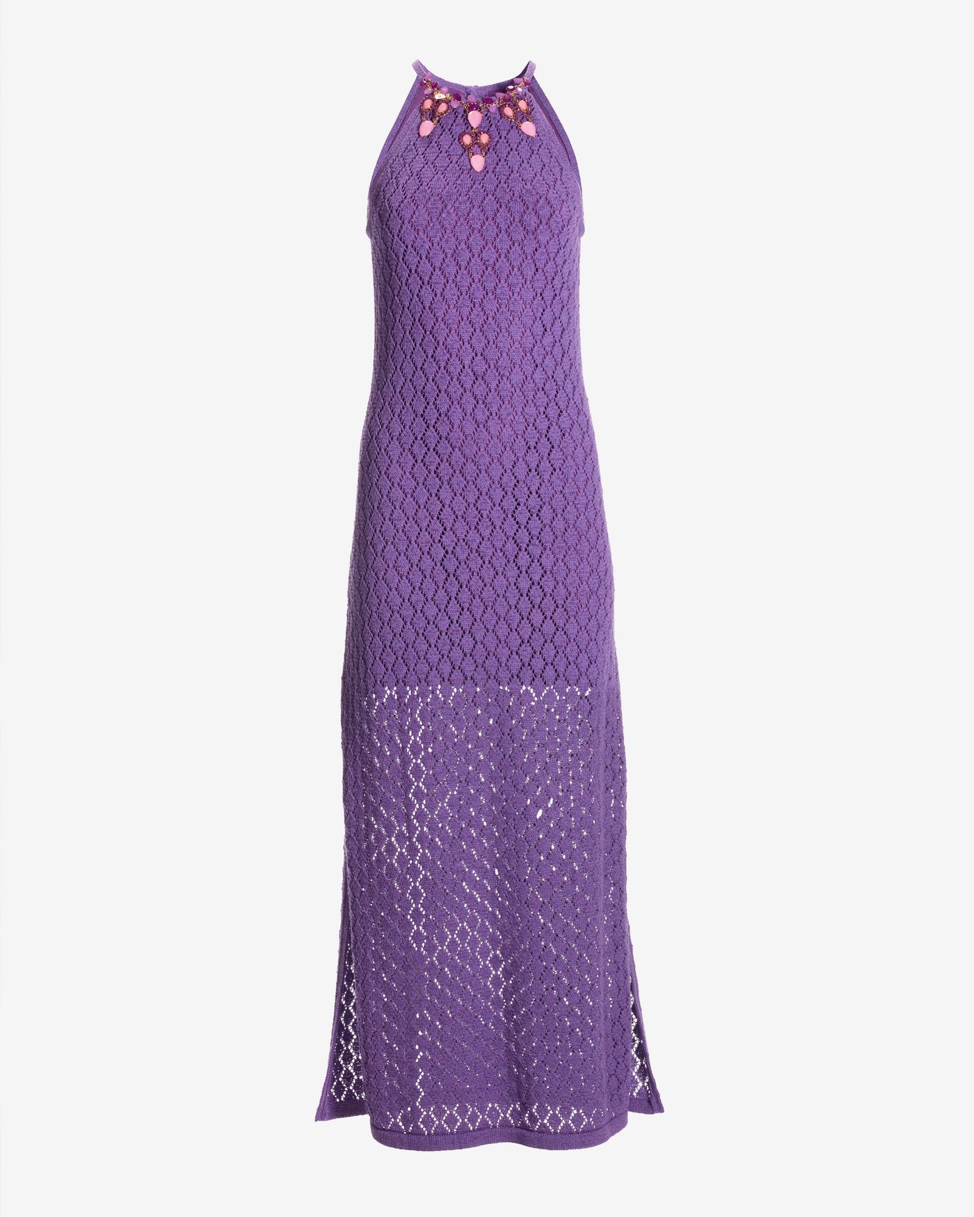 Multi Color Crystal Trim Crochet Halter Dress Amethyst Orchid