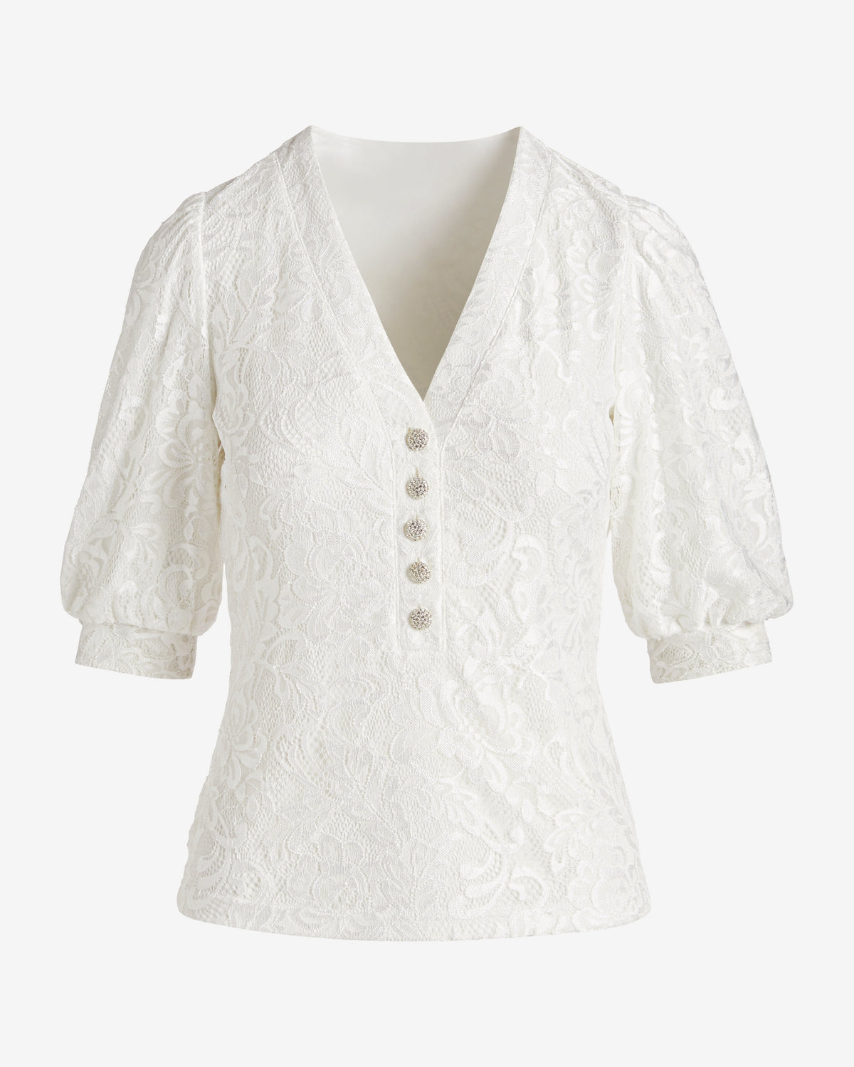 Lace Embellished Button Puff Sleeve Knit Top White