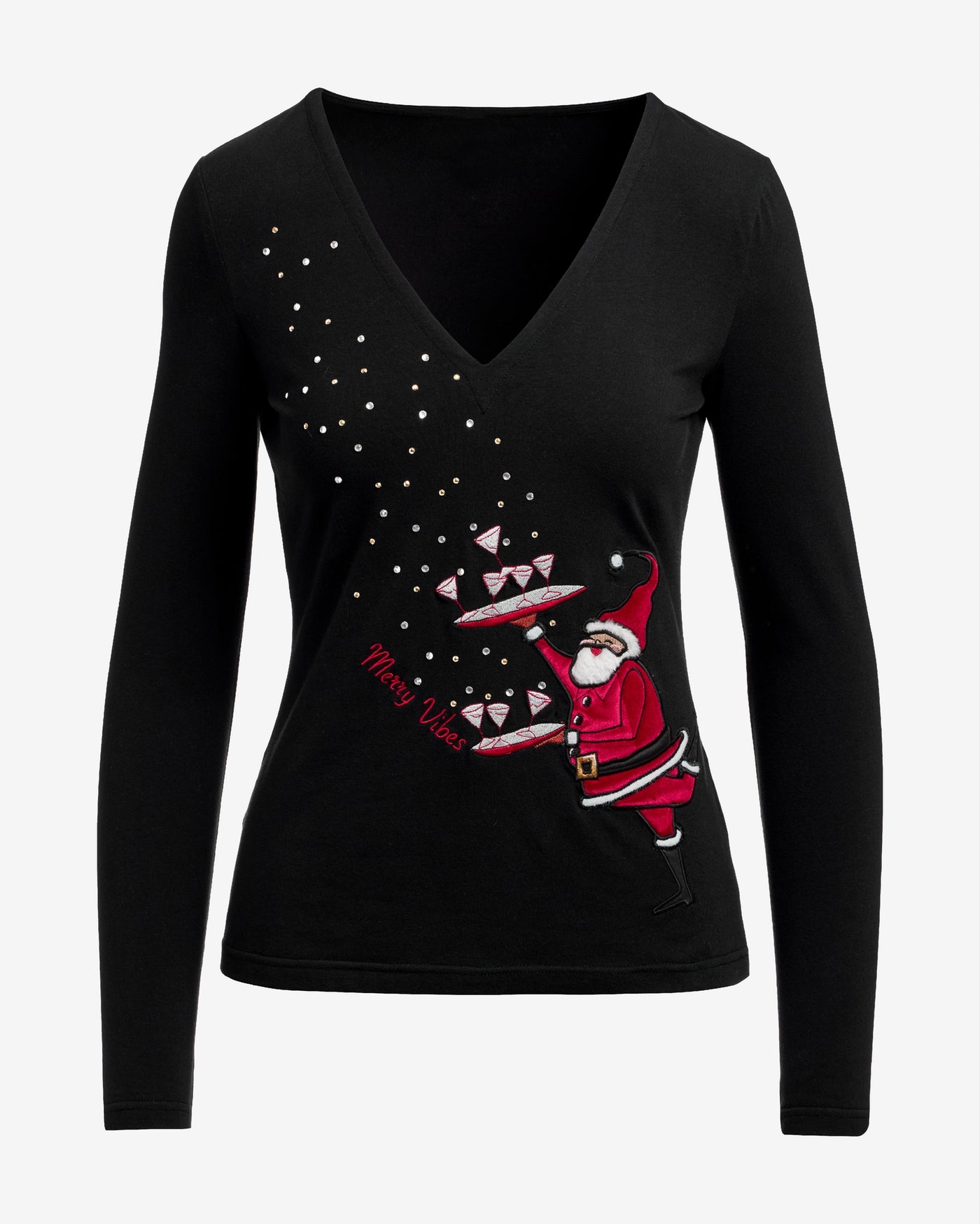 Festive Santa Long Sleeve Top Black Multi