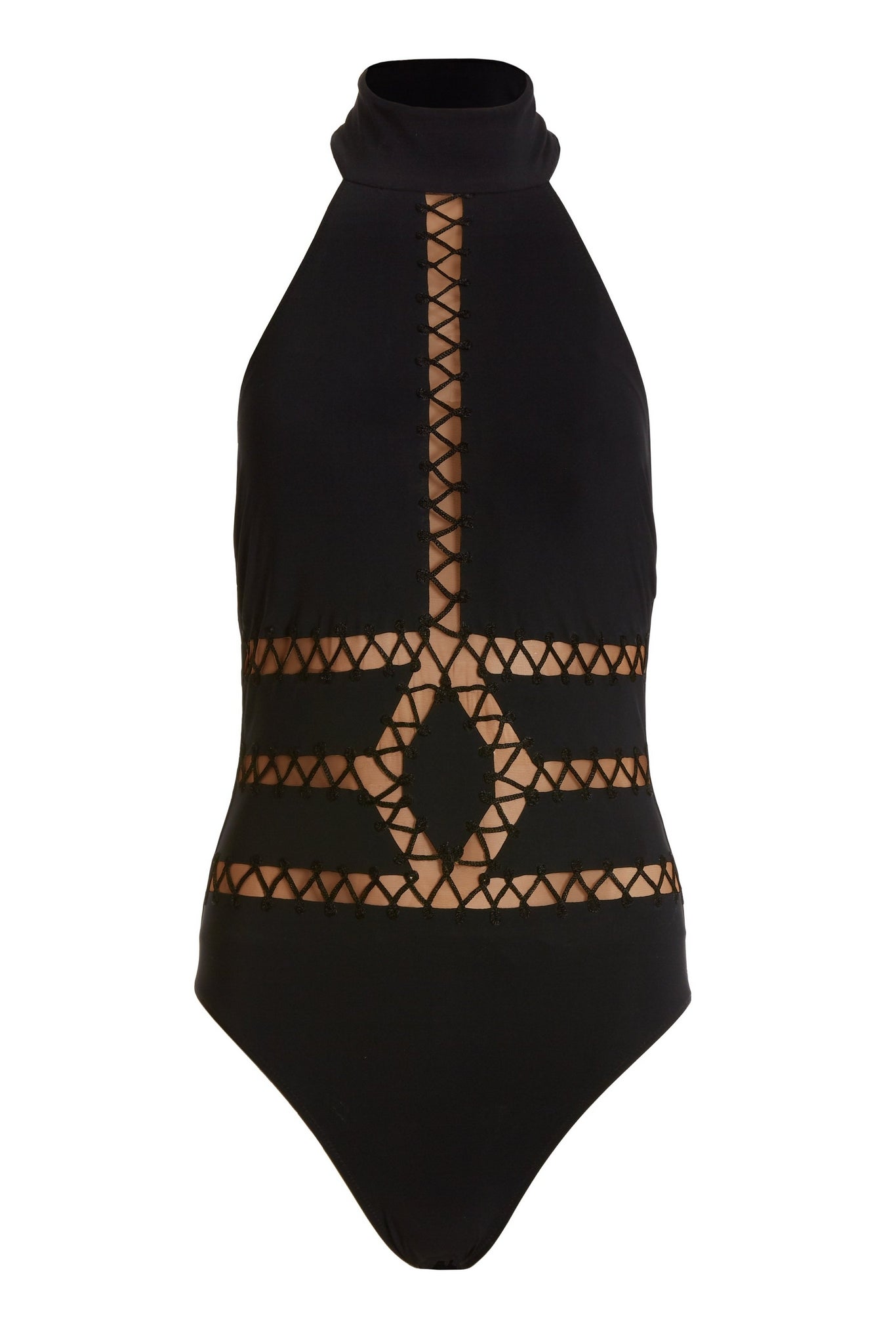 High Neck Laser Cut One Piece Swimsuit Black