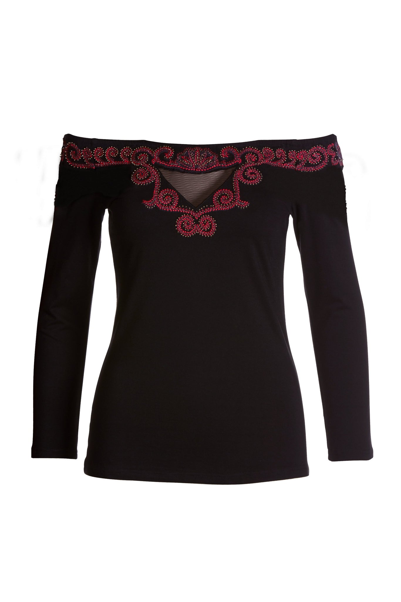 Embroidered Sheer Inset Wide Neck Top Black