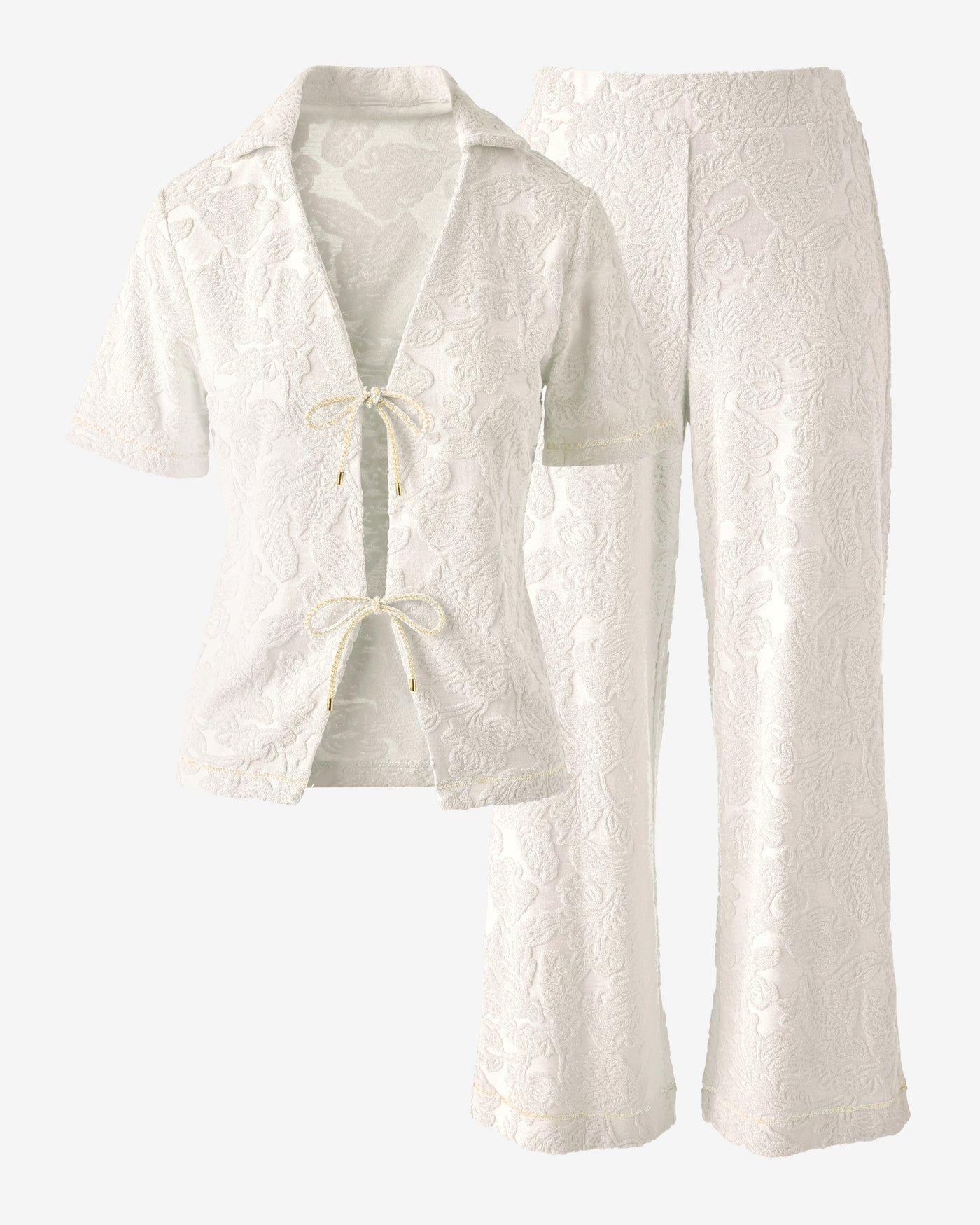 Textured Beach Terry Tie Front Shirt and Cropped Pant Set Off White