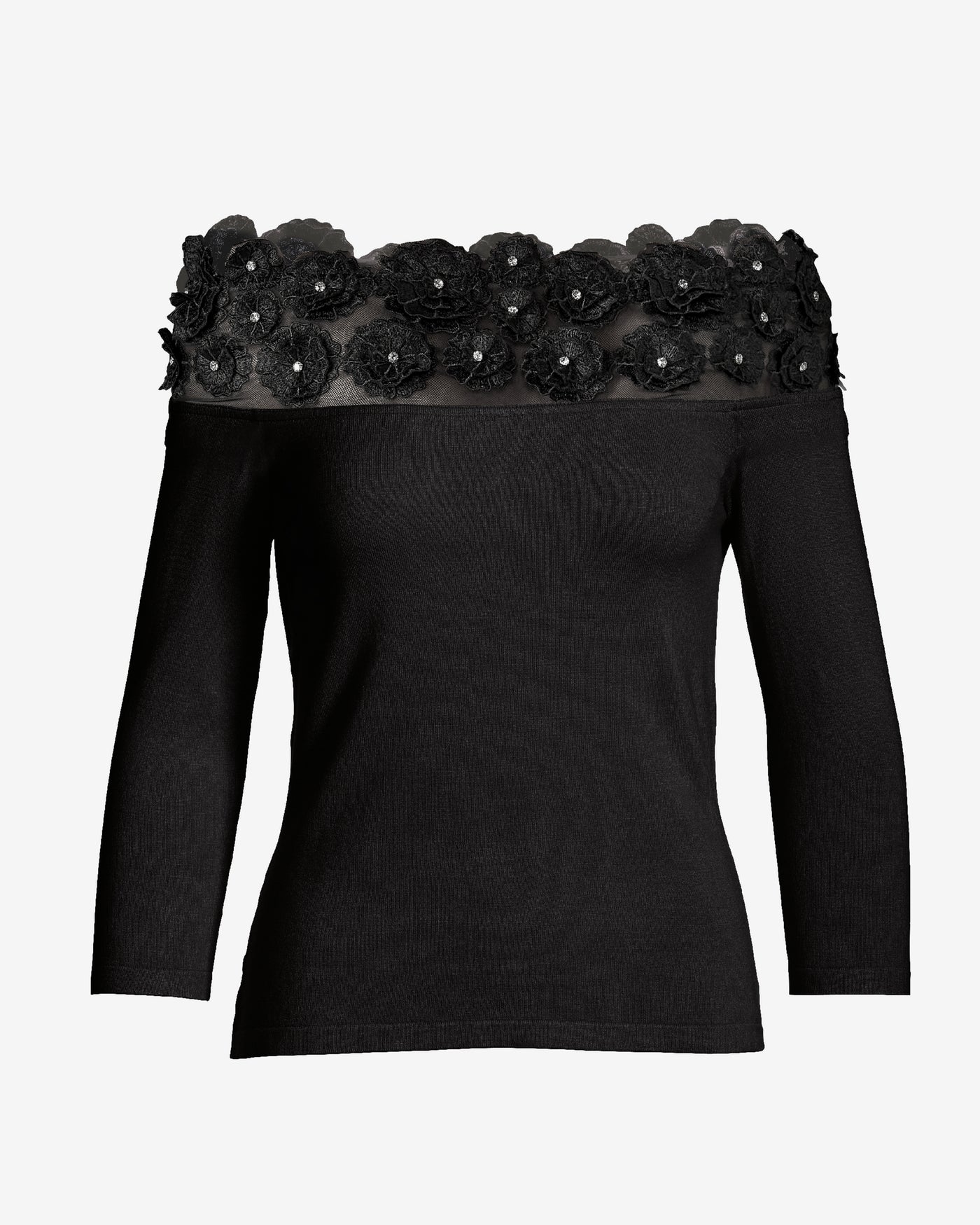 Floral Embellished Off the Shoulder Sweater Black