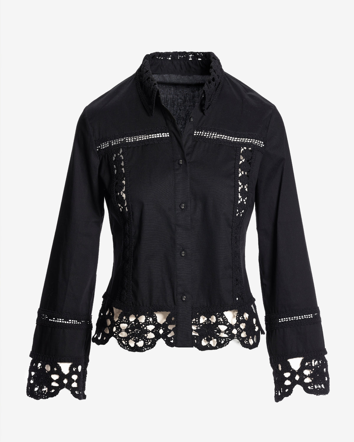 Crochet Trim Button-Up Shirt Black