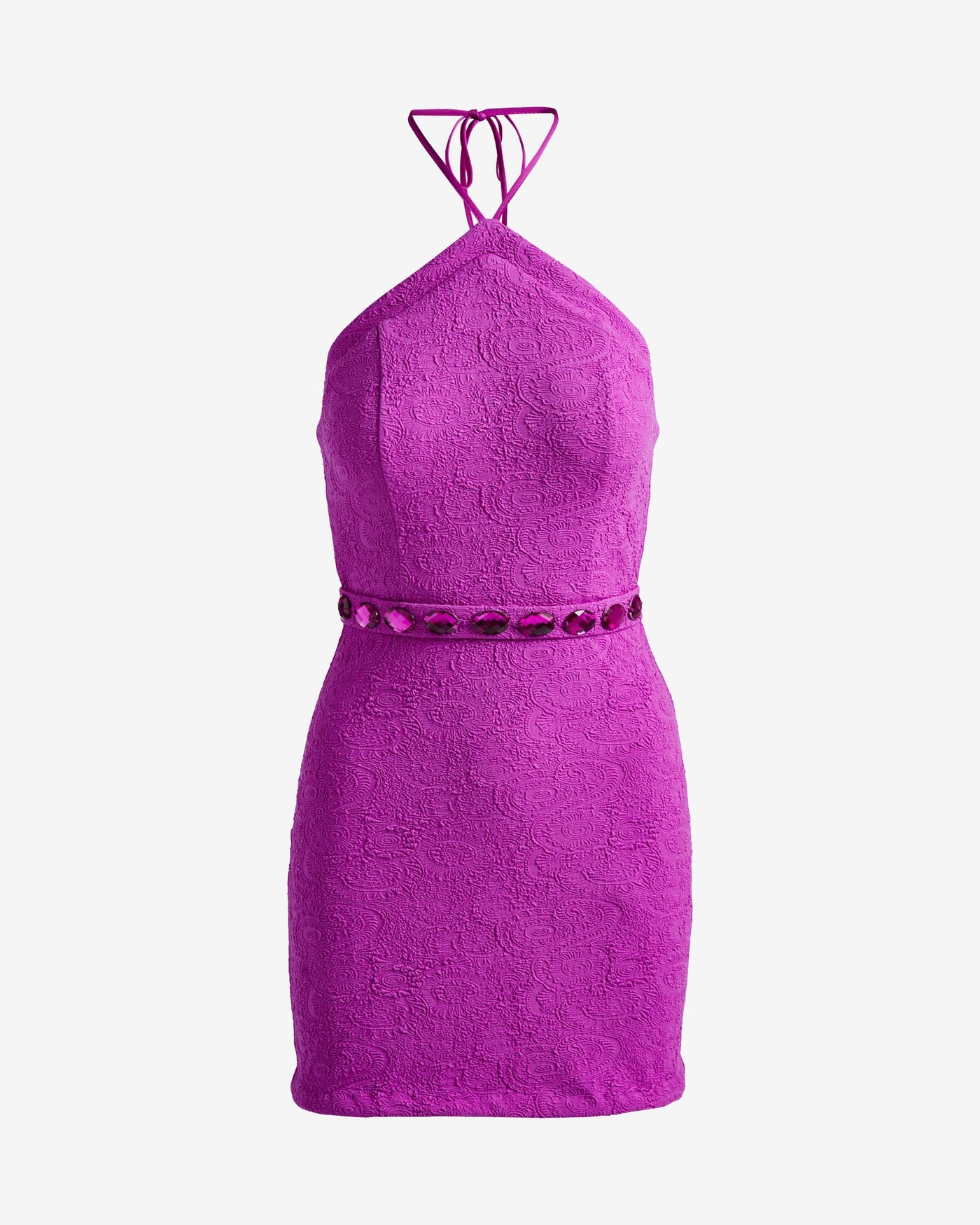 Gem Belted Textured Halter Dress Purple Cactus Flower