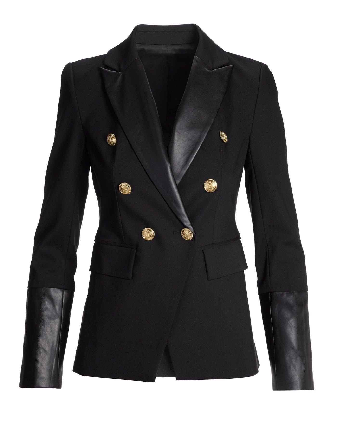 Leather Detailed Modern Double-Breasted Blazer Black
