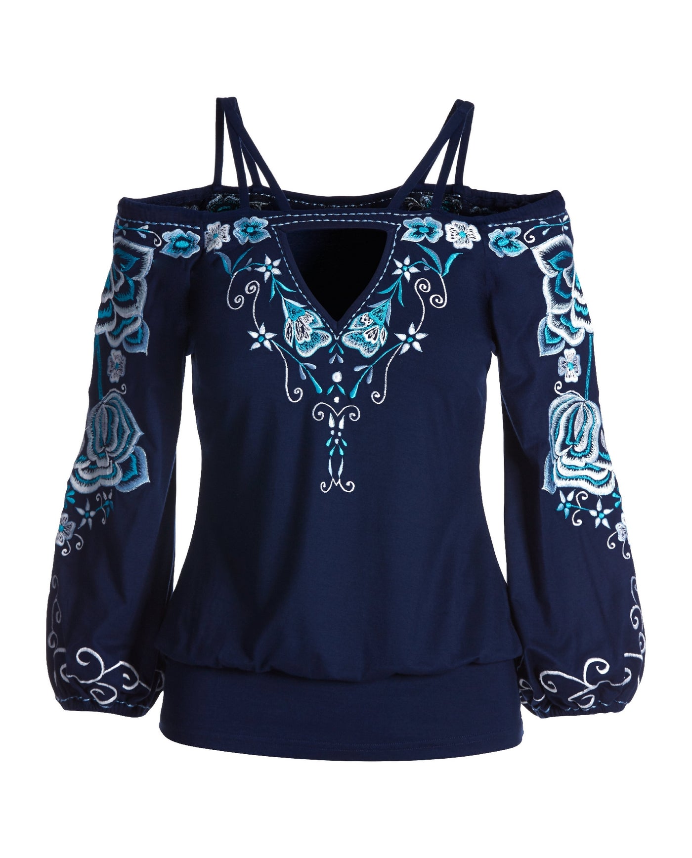 Strappy Embroidered Blouson Top Navy Multi