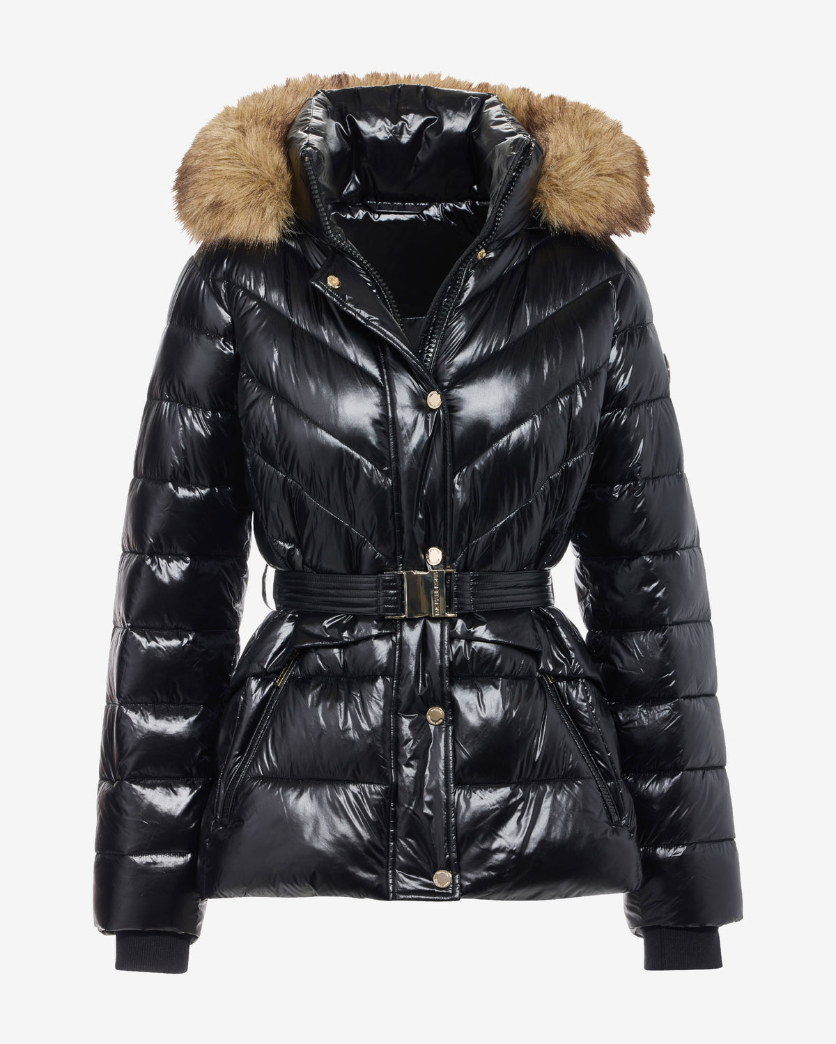 Glossy Finish Faux Fur Trim Hooded Puffer Coat Black