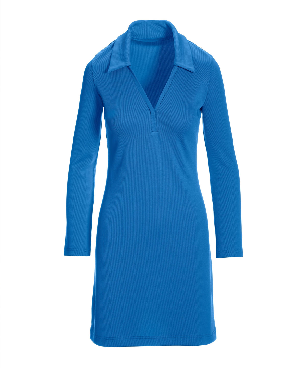 Collared v-neck long sleeve rib knit dress Palace Blue