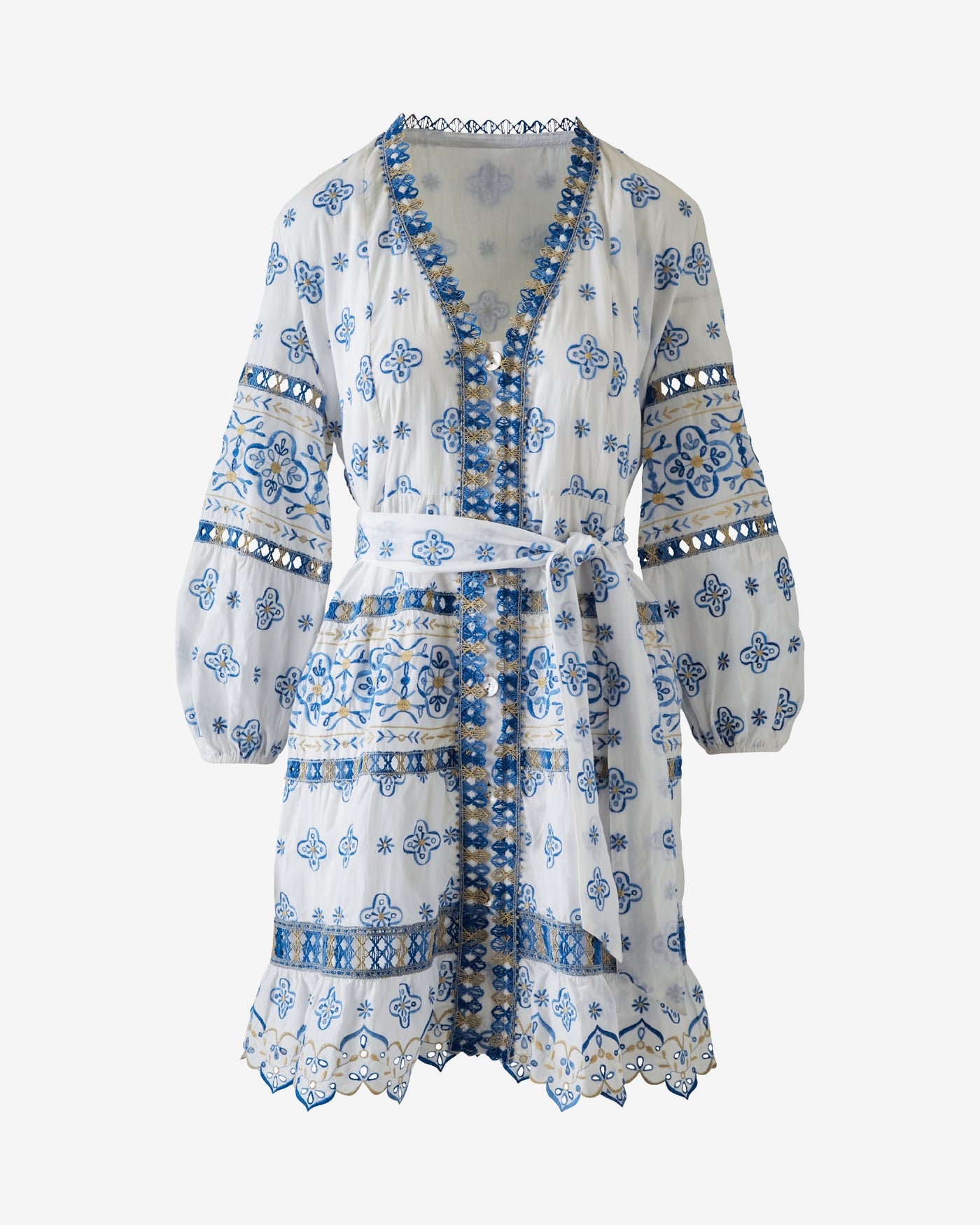 Metallic Embroidered Tiered Dress White Multi