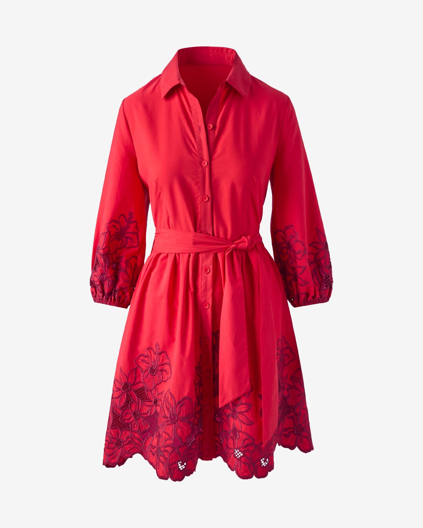 Floral Eyelet Detail Shirt Dress Tomato Red