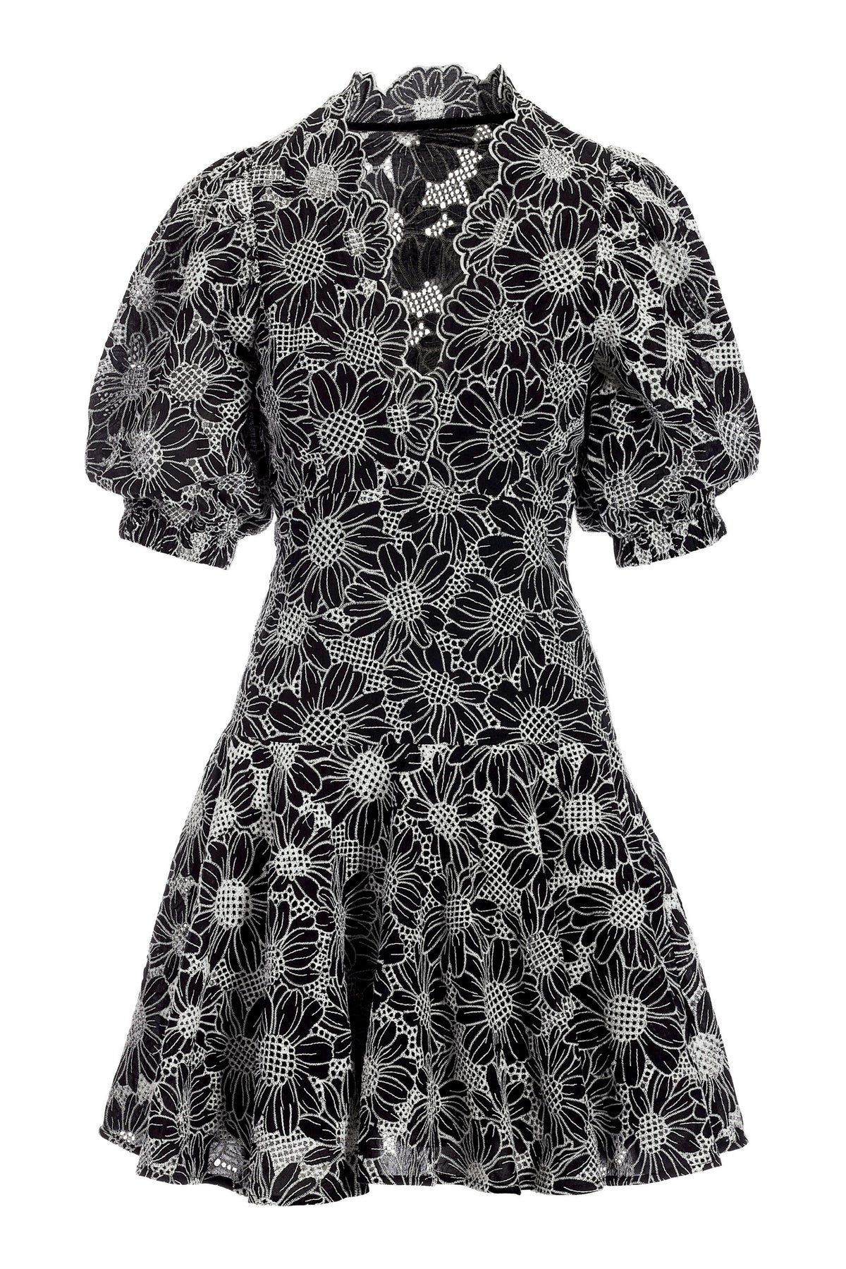 Floral Lace Puff Sleeve Dress White/Black