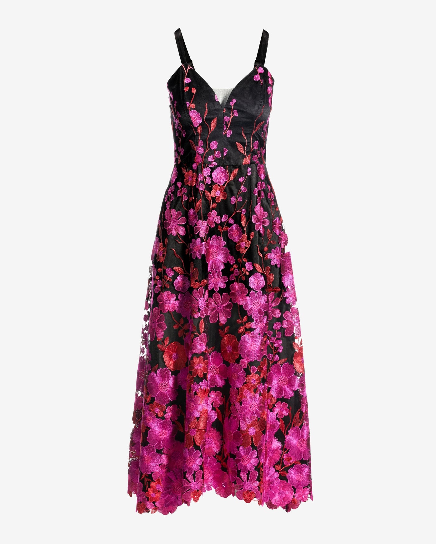 Floral Embroidered Mesh A Line Midi dress Black Multi