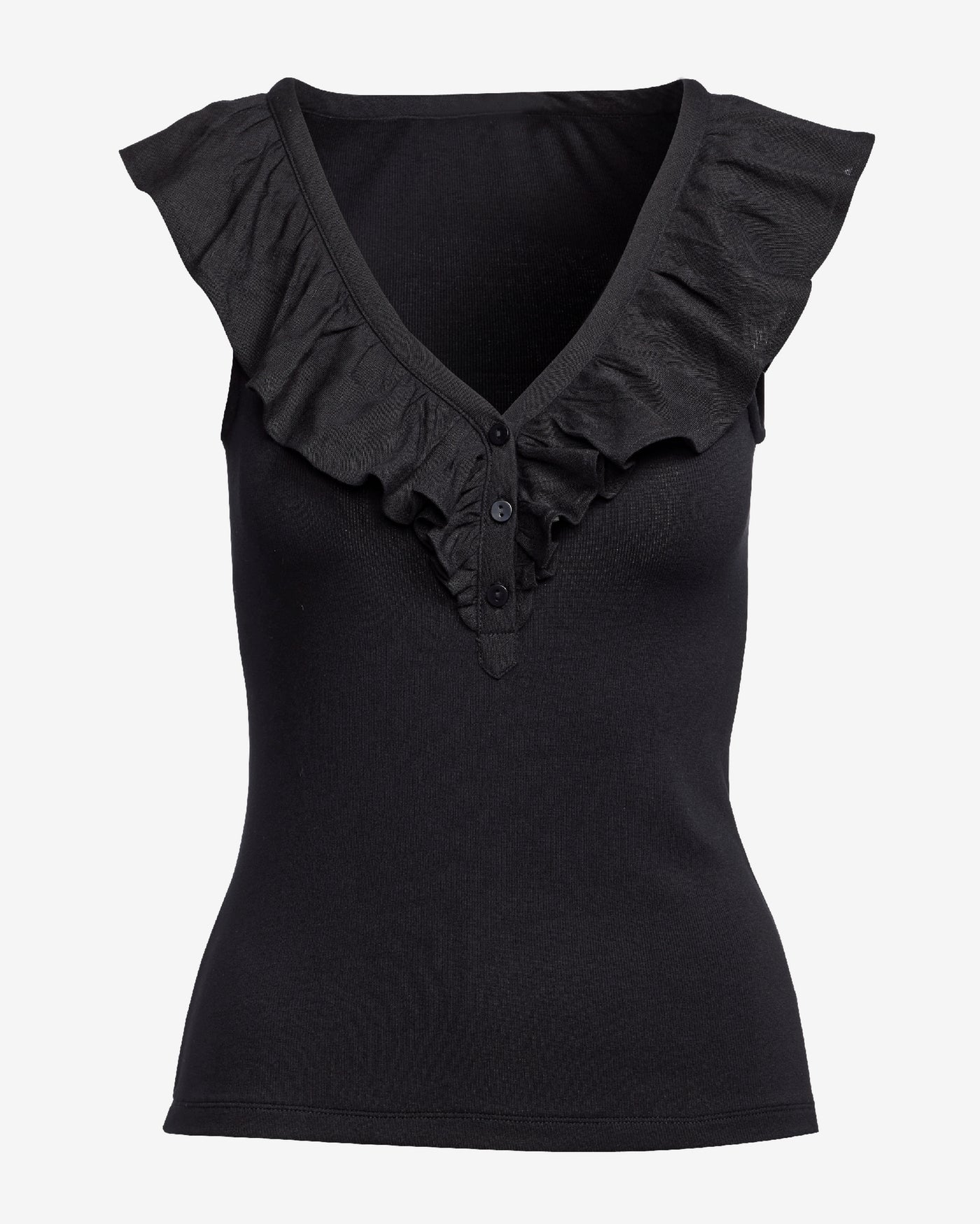 Linen Ruffle Henley Ribbed Top Black