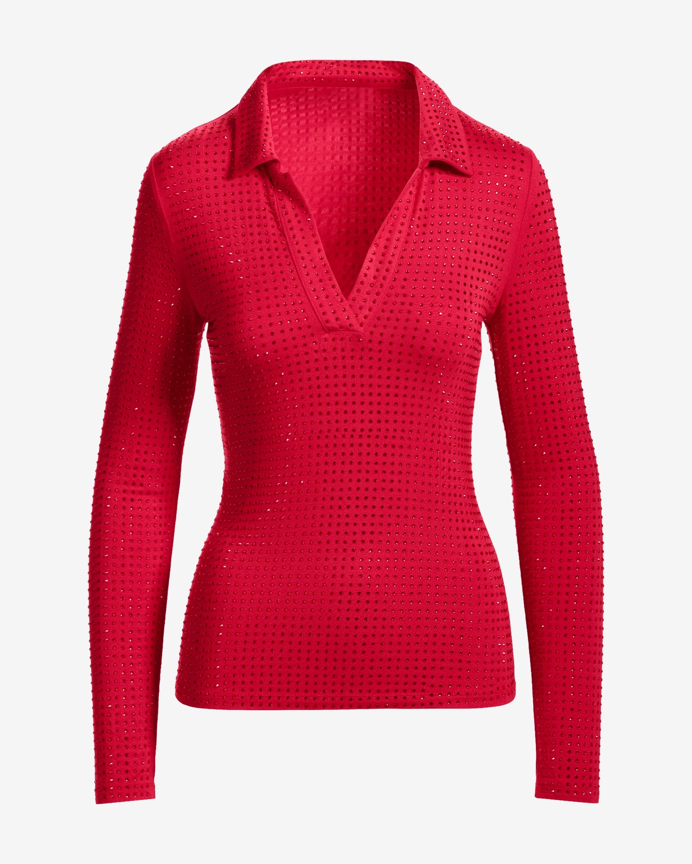 All Over Rhinestone Collared Top Lipstick Red