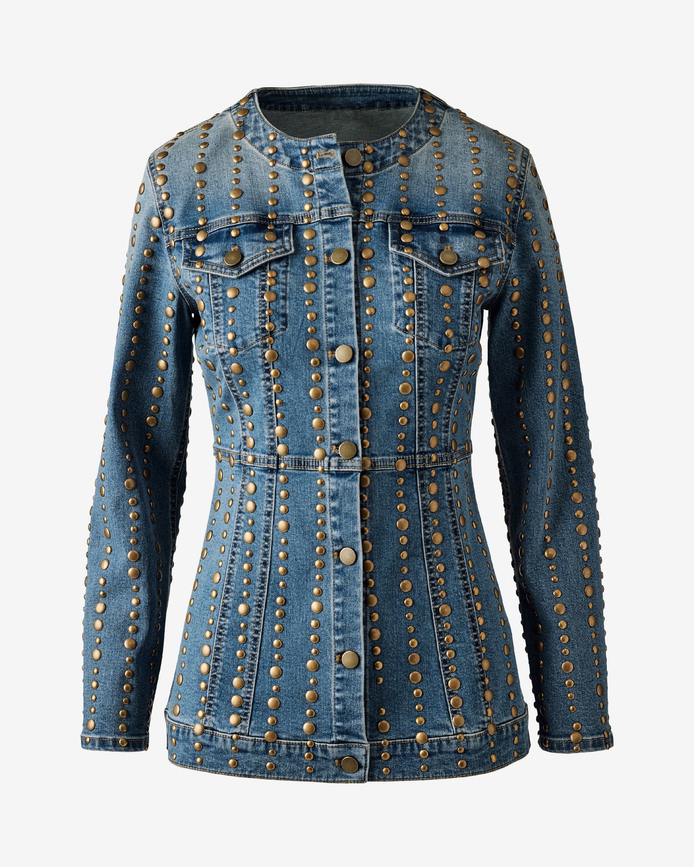 Antique Brass Studded Denim Utility Jacket Medium Wash Denim
