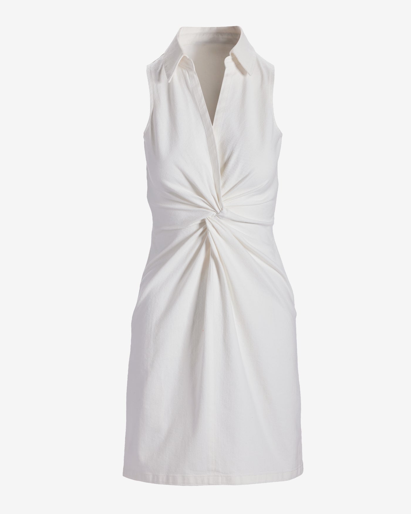 Stretch Denim Knot Waist Collared Shift Dress White