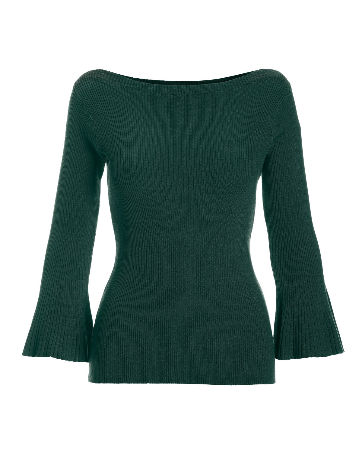 Ribbed Boatneck Flare Sleeve Sweater Deep Emerald