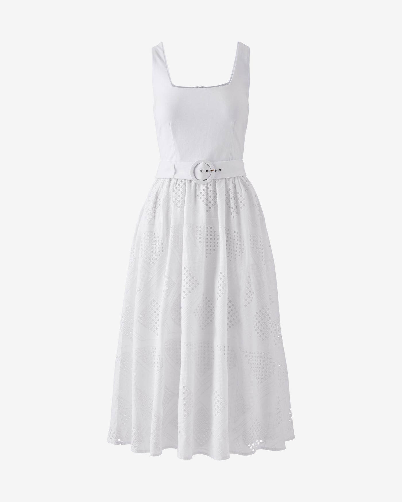Belted Novelty Eyelet Midi Dress Pure White