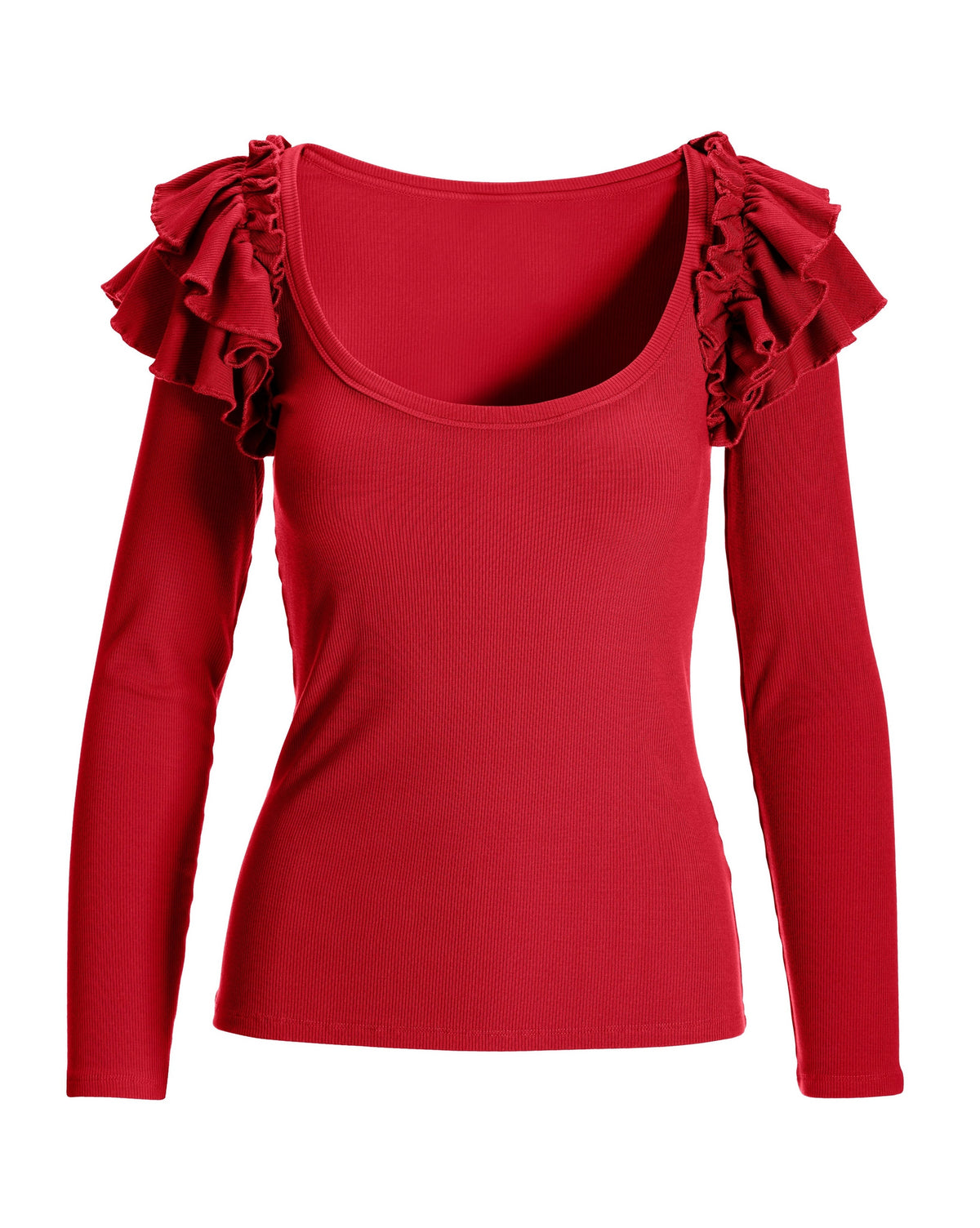 So Essential Ruffle Ribbed Long Sleeve Top Racing Red