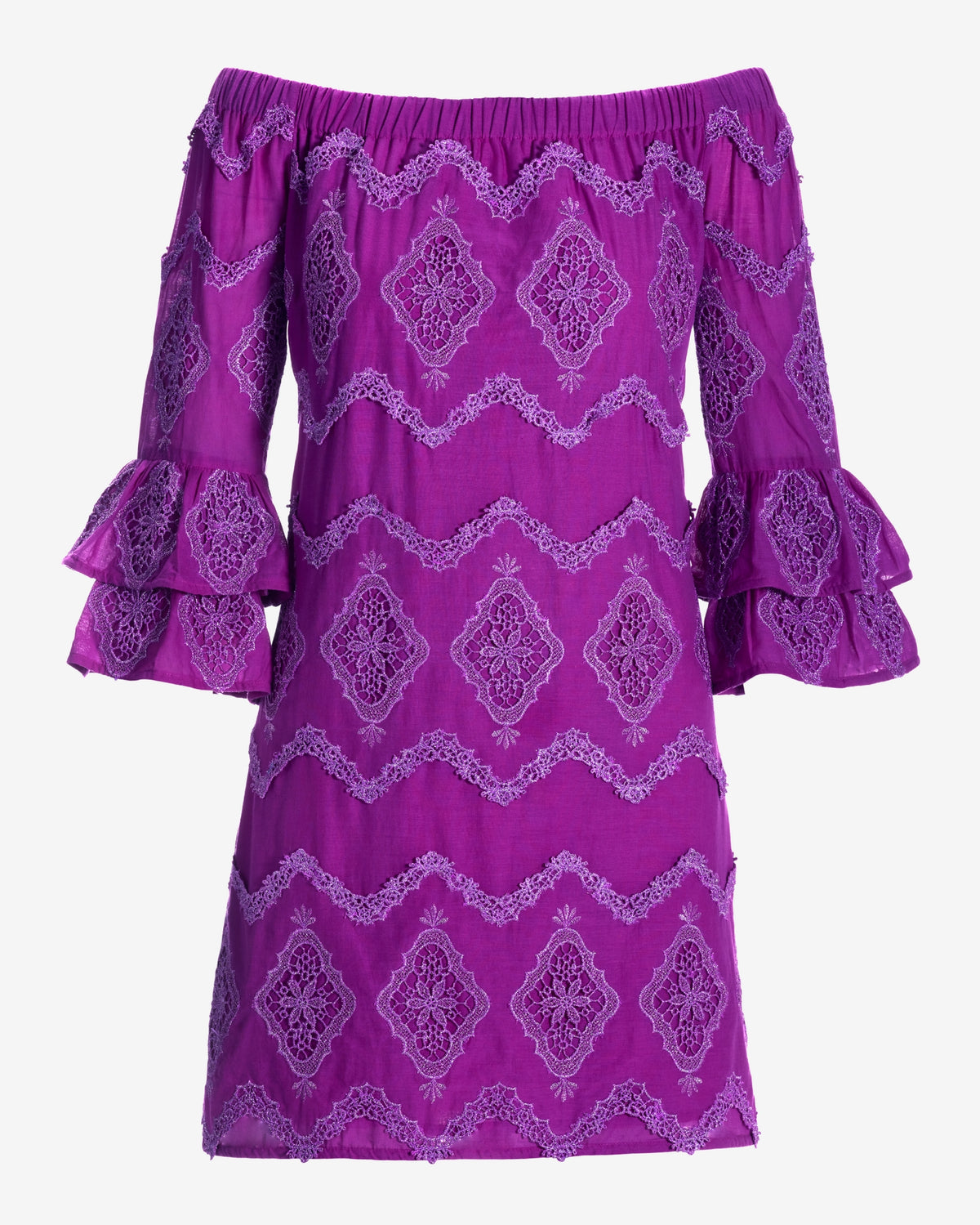 Metallic Lace Detail Off The Shoulder Shift Dress Purple Cactus Flower
