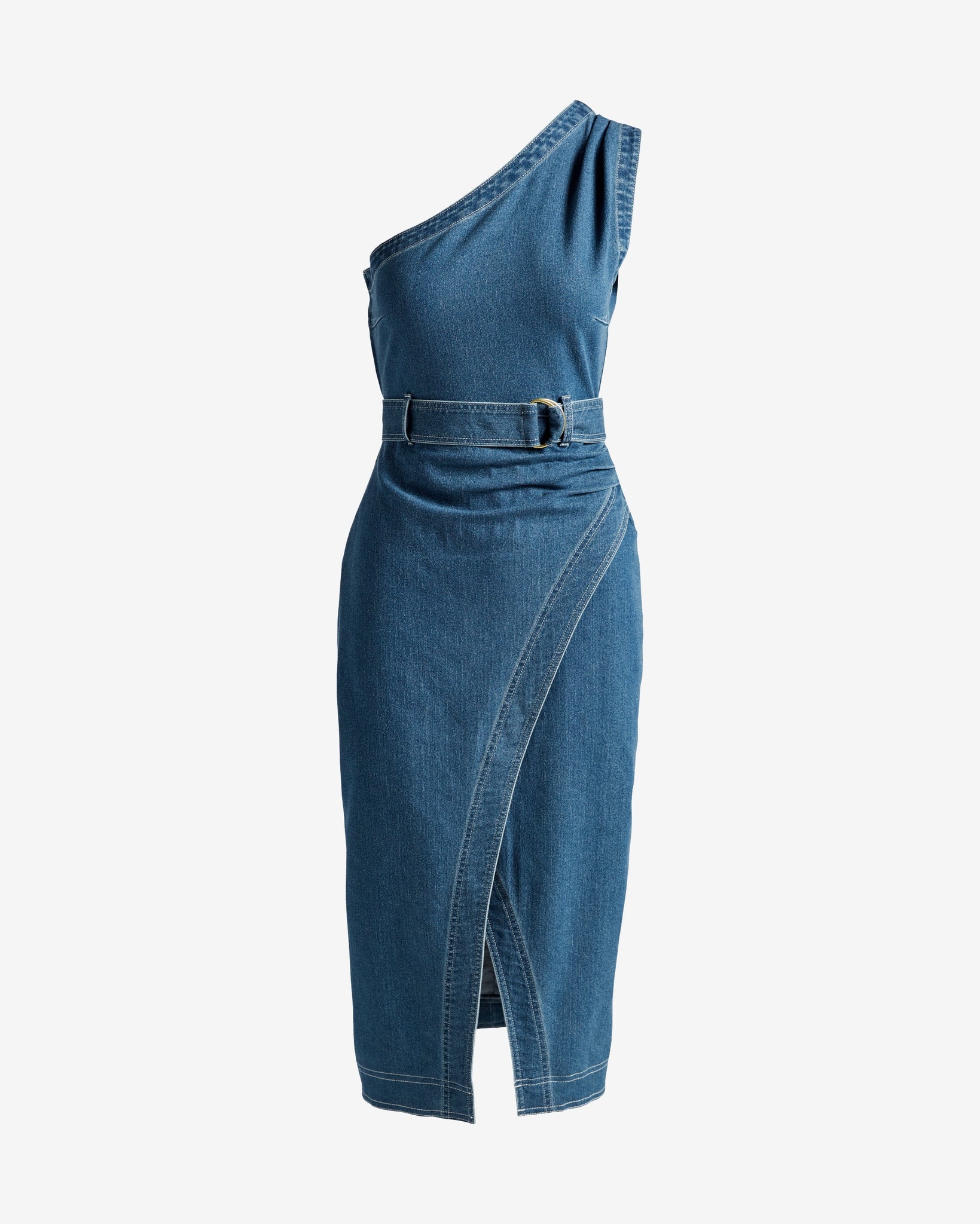 One Shoulder Front Slit Denim Column Midi Dress Dark Wash
