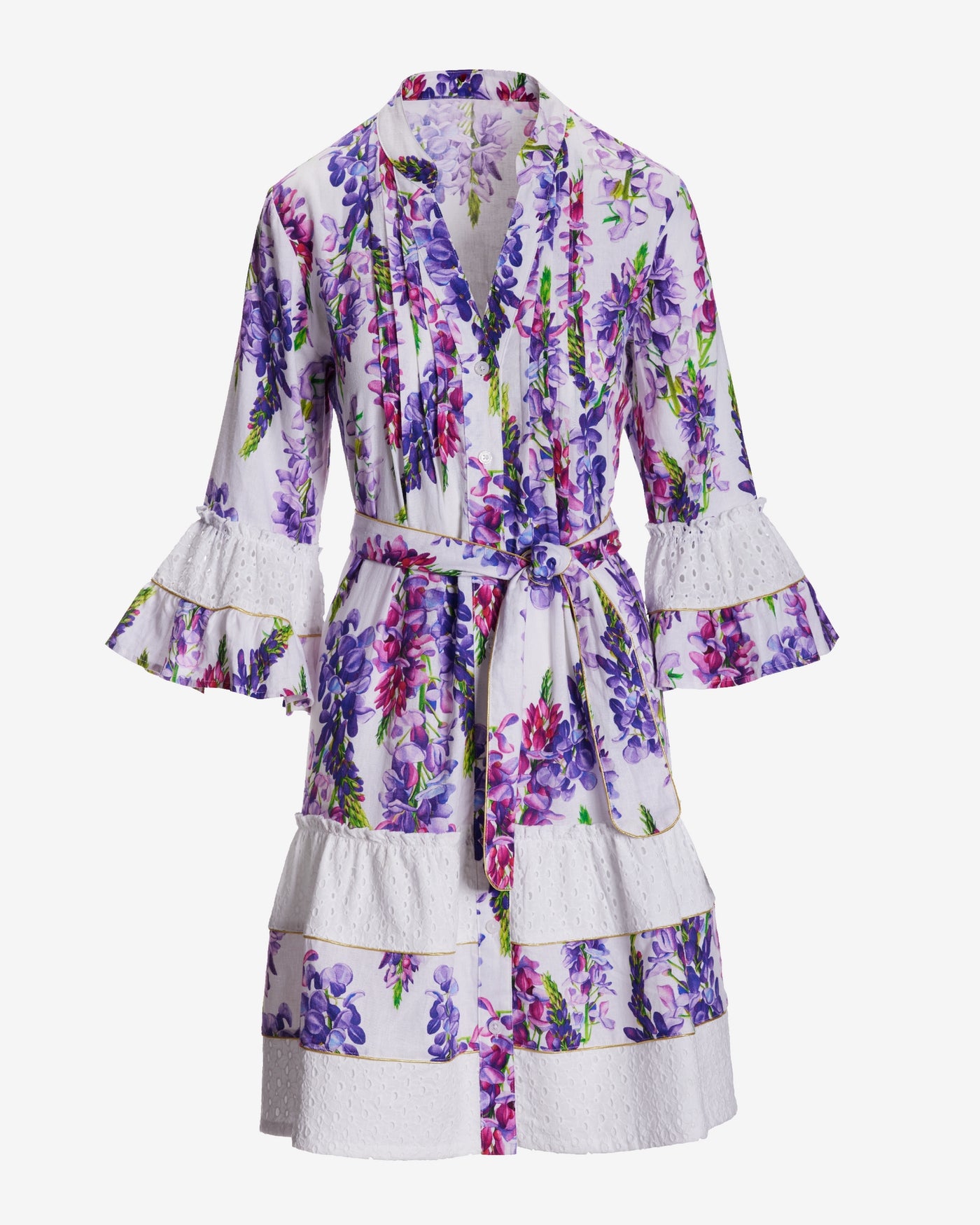 Wisteria Wonder Print Eyelet Inset Tiered A Line Dress Purple