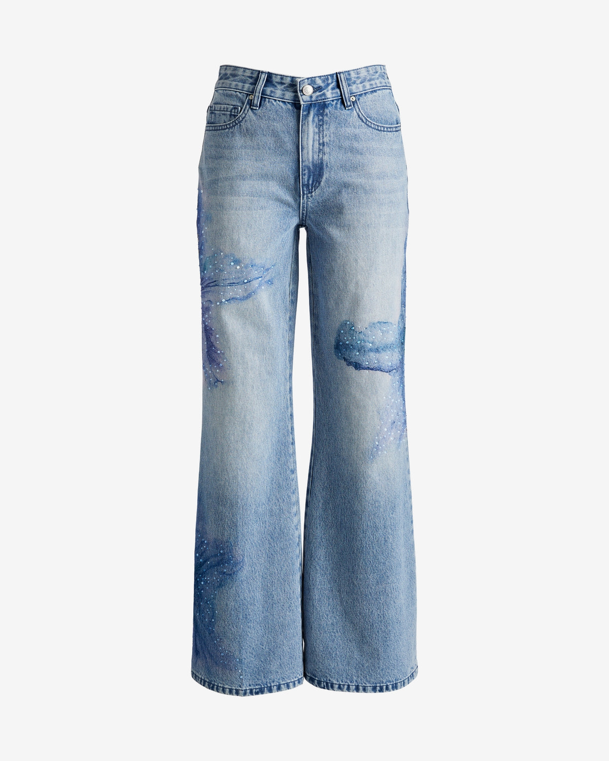 Wide Leg Floral Print Denim Jean Light Med Wash