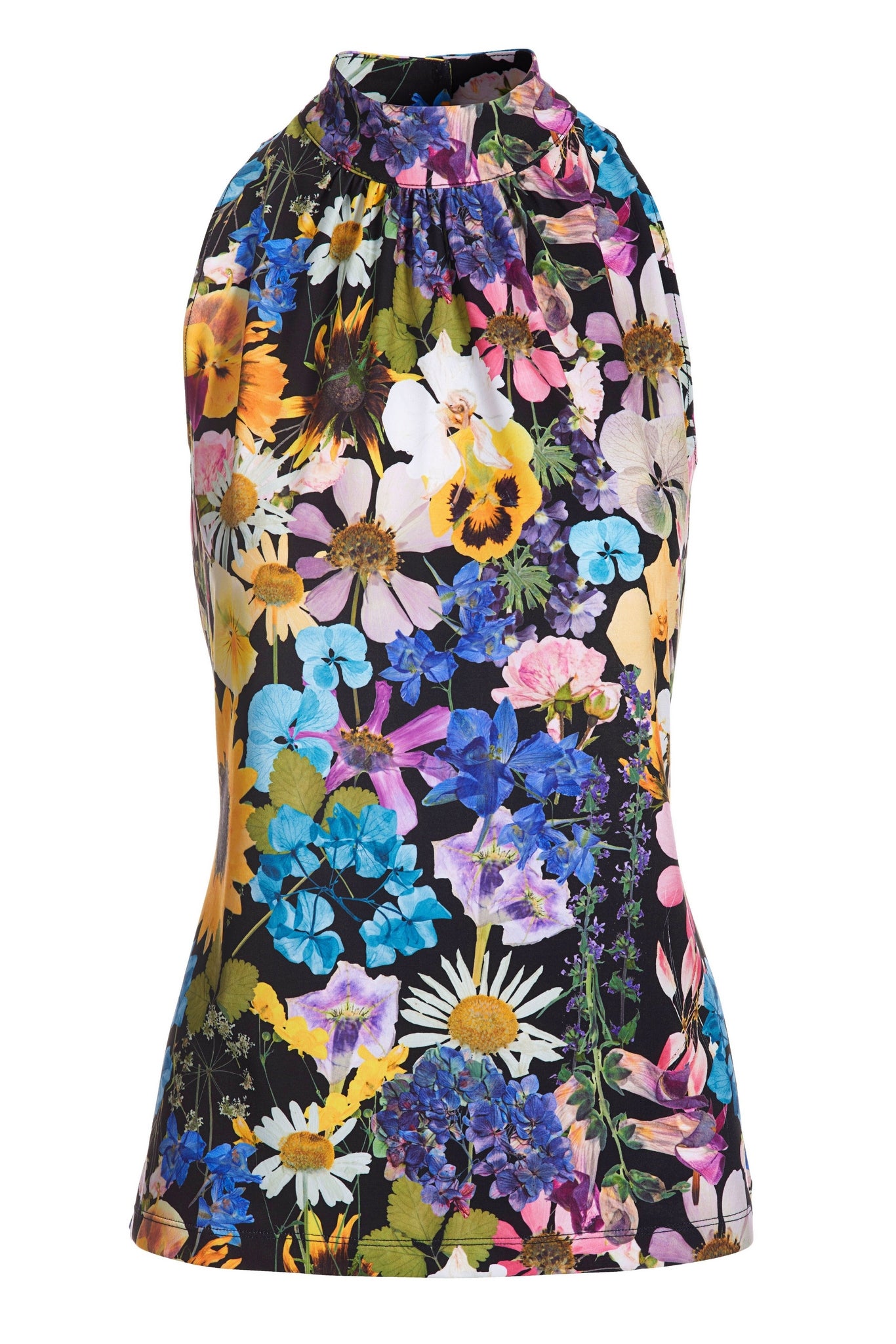 Floral Printed Sleeveless Mock Neck Top Black Multi