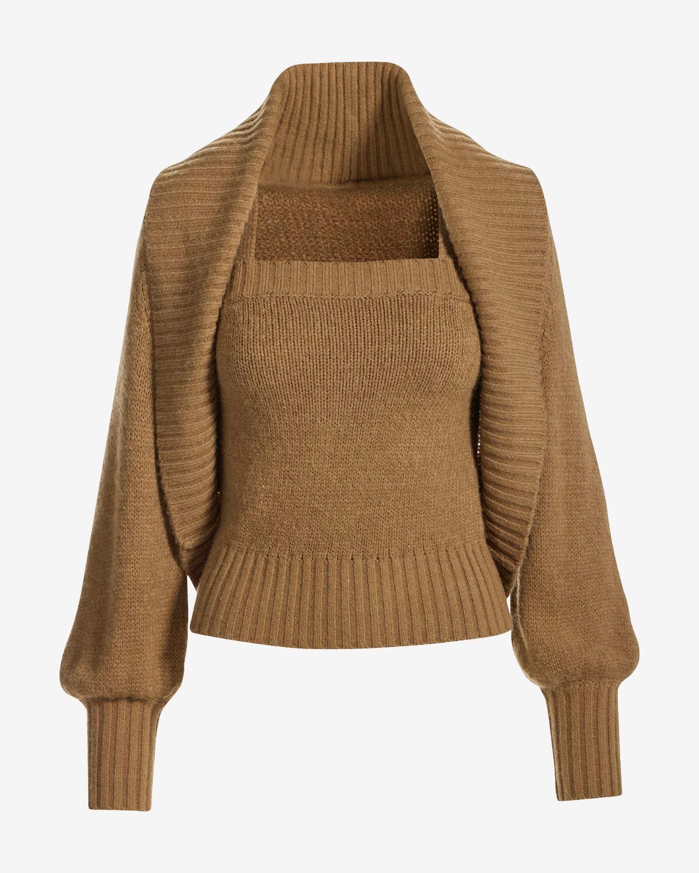 Cardigan and Square Neck Tank Sweater Set Suntan