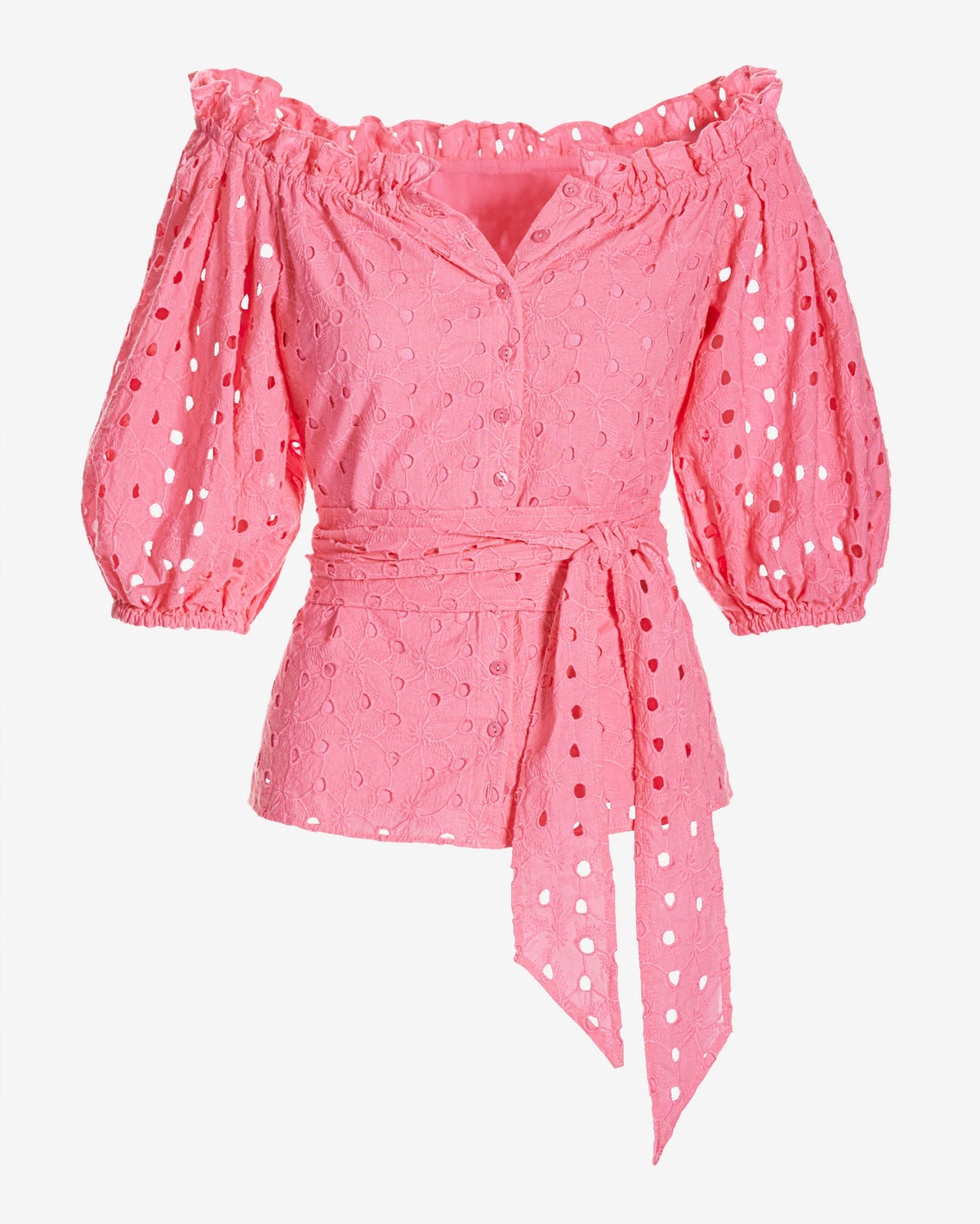 Eyelet Puff Sleeve Tie Waist Peplum Blouse Aurora Pink