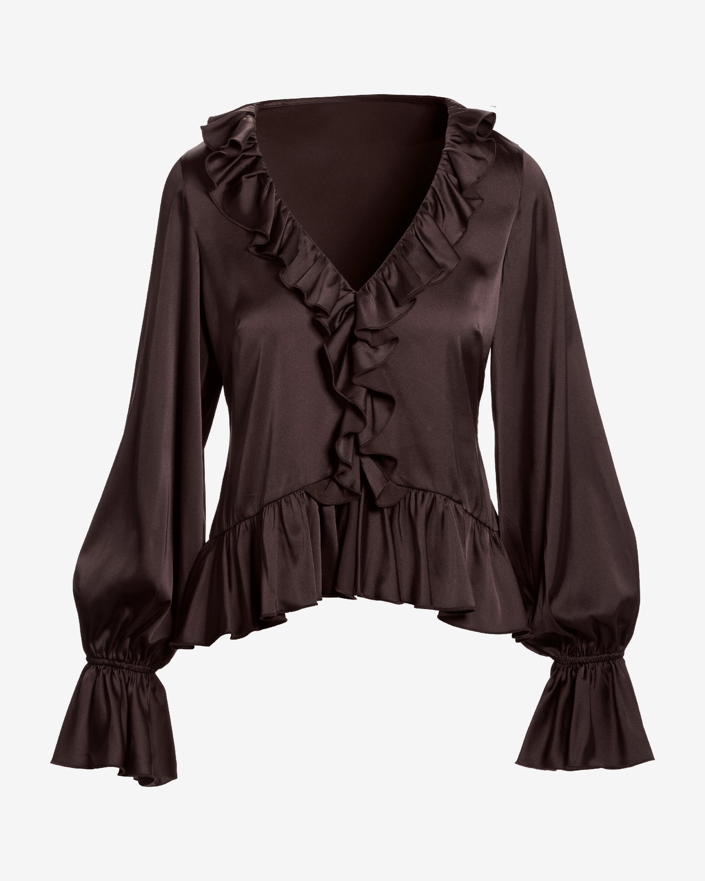 Paige Ruffle Charmeuse Blouse Chocolate Torte