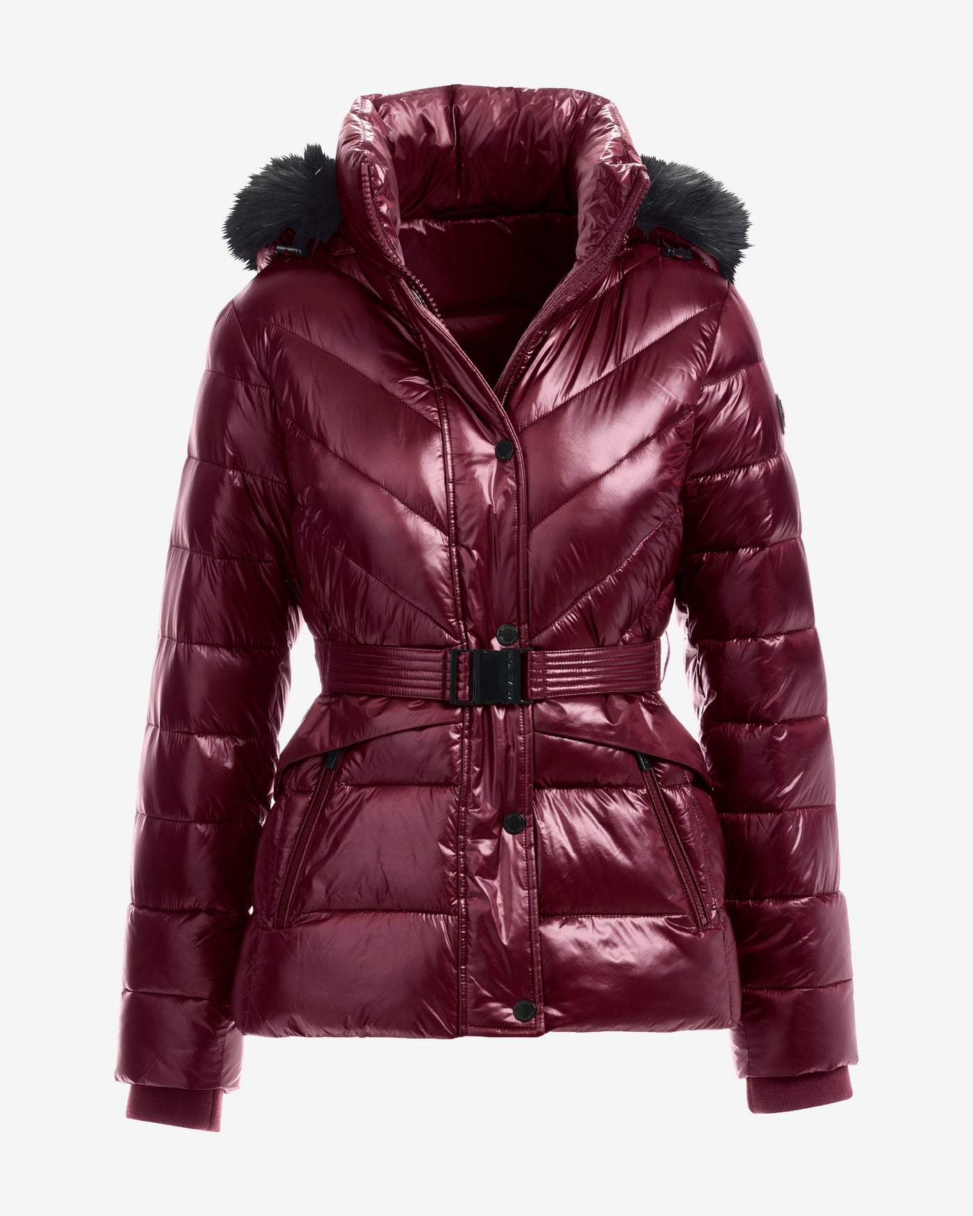 Glossy Finish Faux Fur Trim Hooded Puffer Coat Cabernet