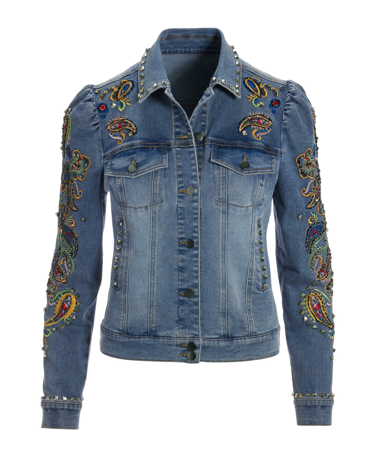 Paisley Embroidered And Embellished Puff Sleeve Denim Jacket Light Wash