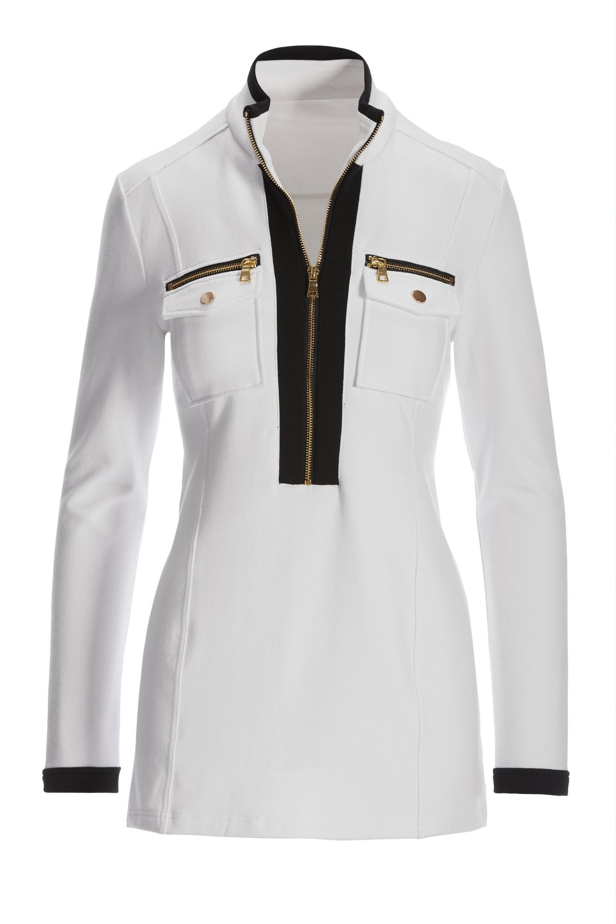 Long Sleeve Chic Zip Top White/Black