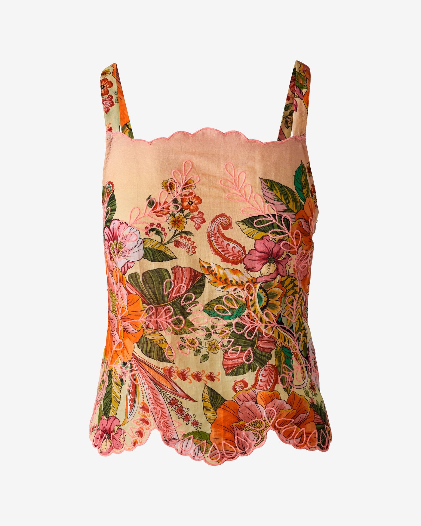 Printed Embroidered Linen Scallop Hem Cami Paisley Blooms