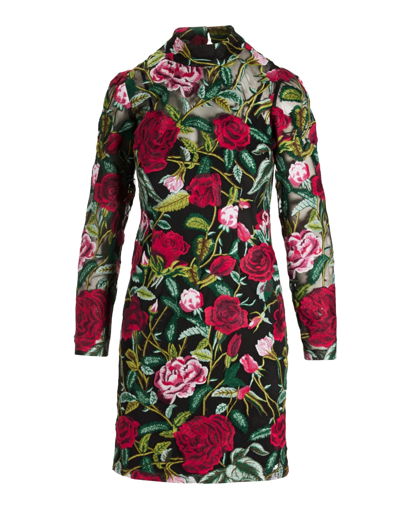 Festive Rose Embroidered Lace Long Sleeve Sheath Dress Red Multi