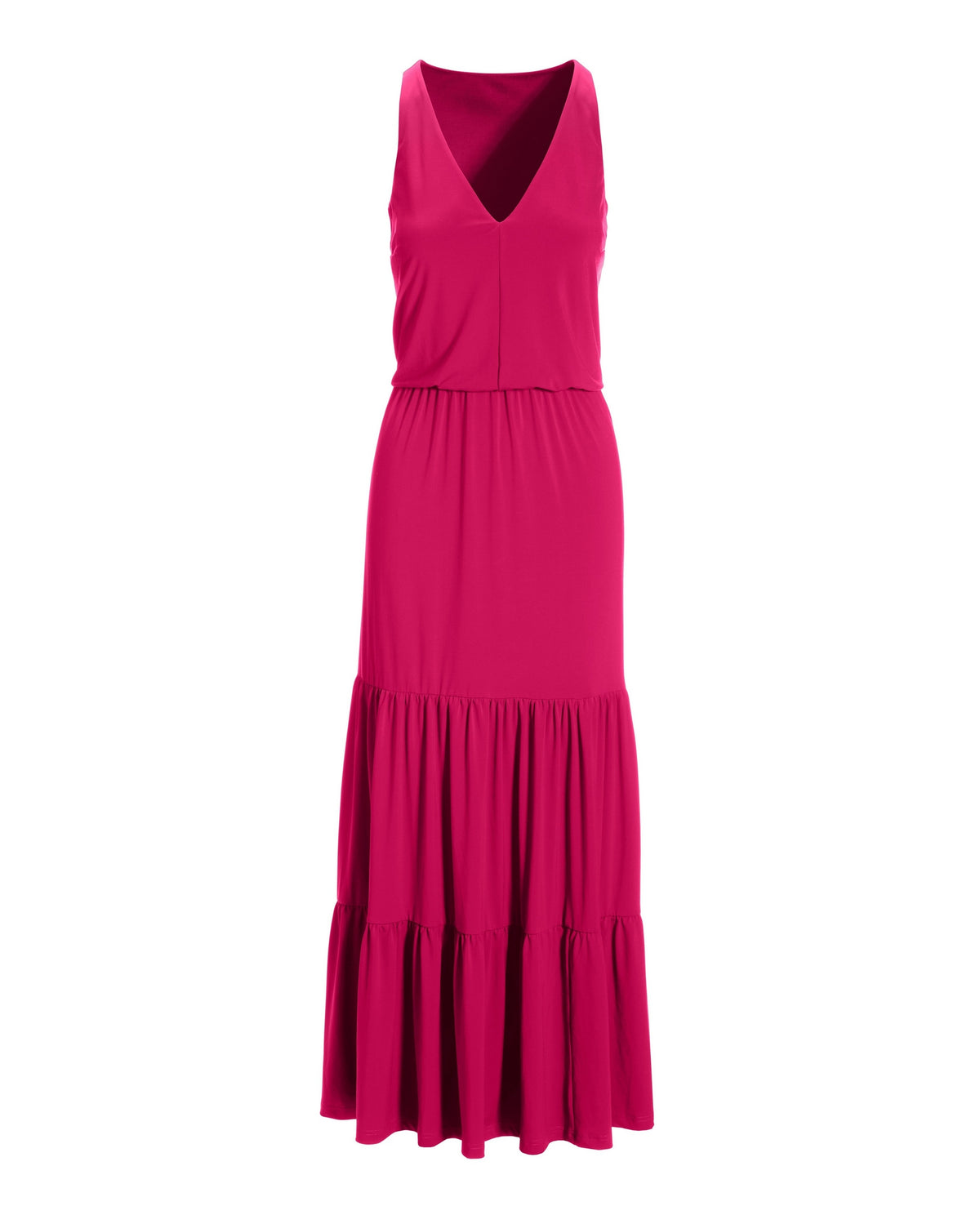 V Neck Blouson Tiered Knit Maxi Dress Raspberry