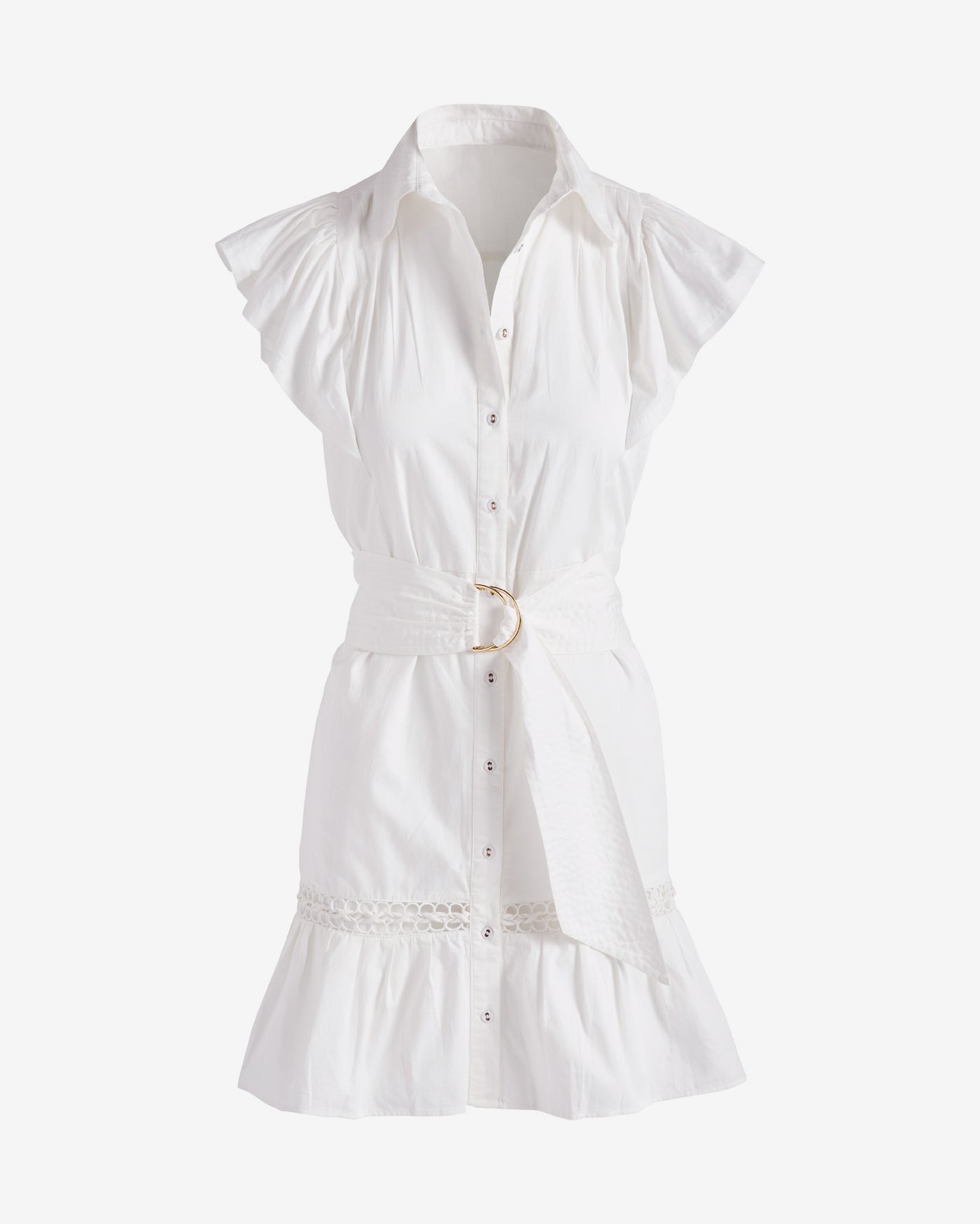 Belted Ruffle A-Line Shirt Dress Pure White