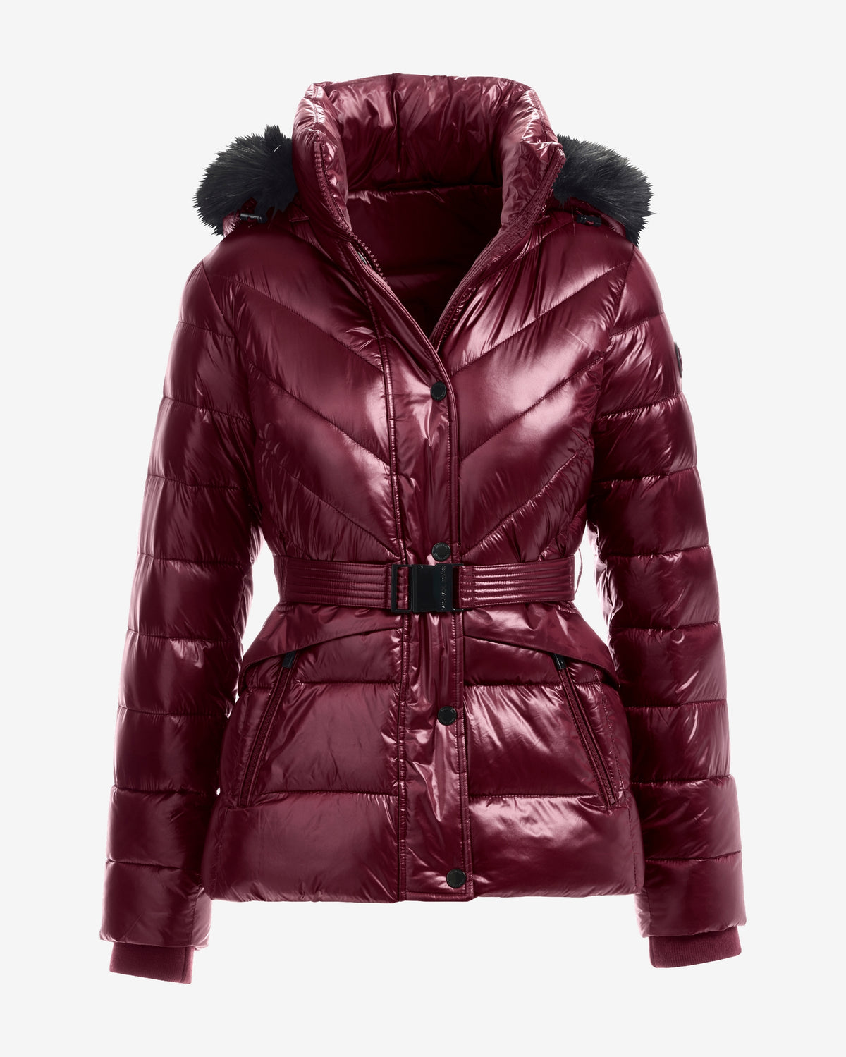 Glossy Finish Faux Fur Trim Hooded Puffer Coat Cabernet
