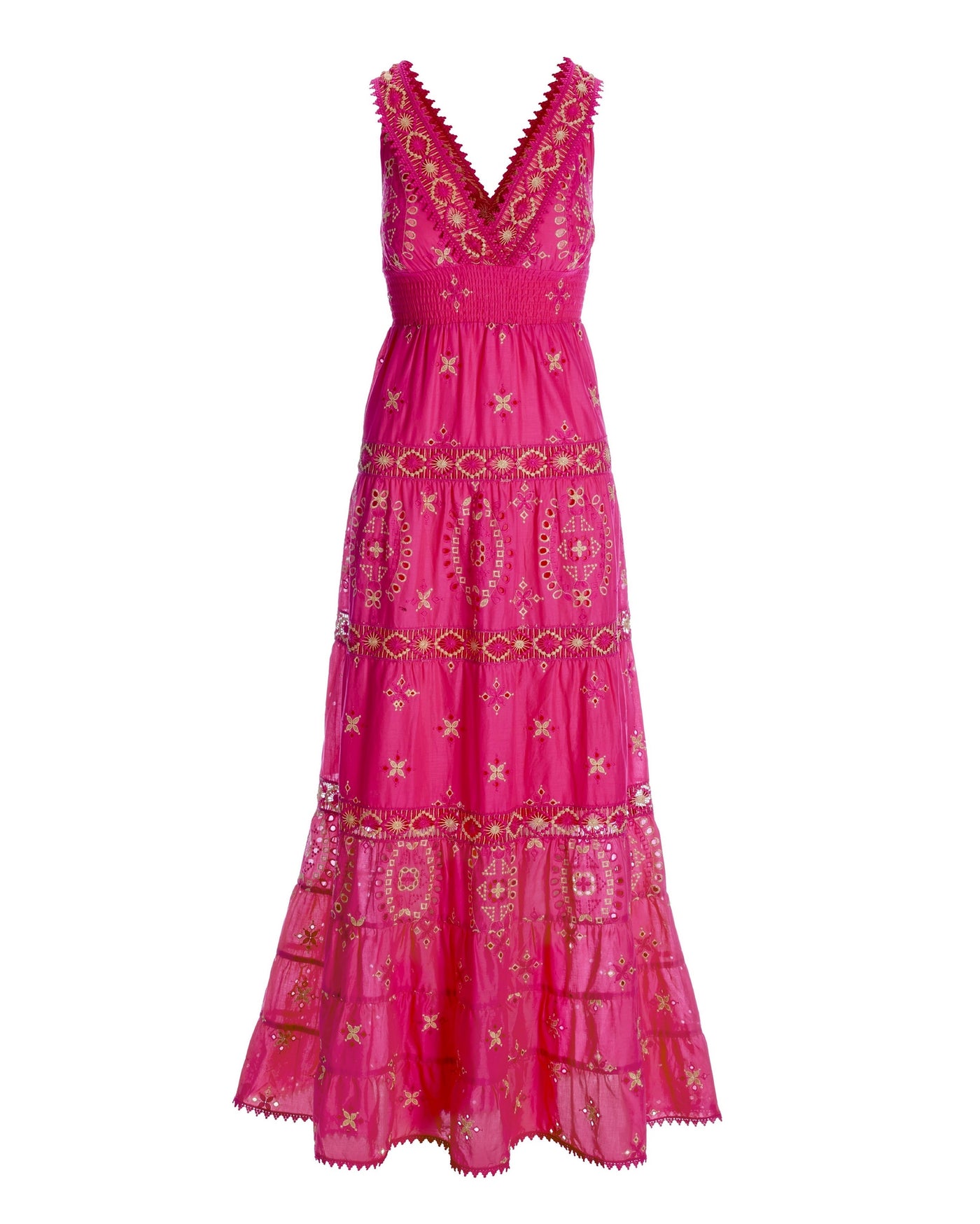 Metallic Lace-Inset Eyelet Maxi Dress Pink/Gold