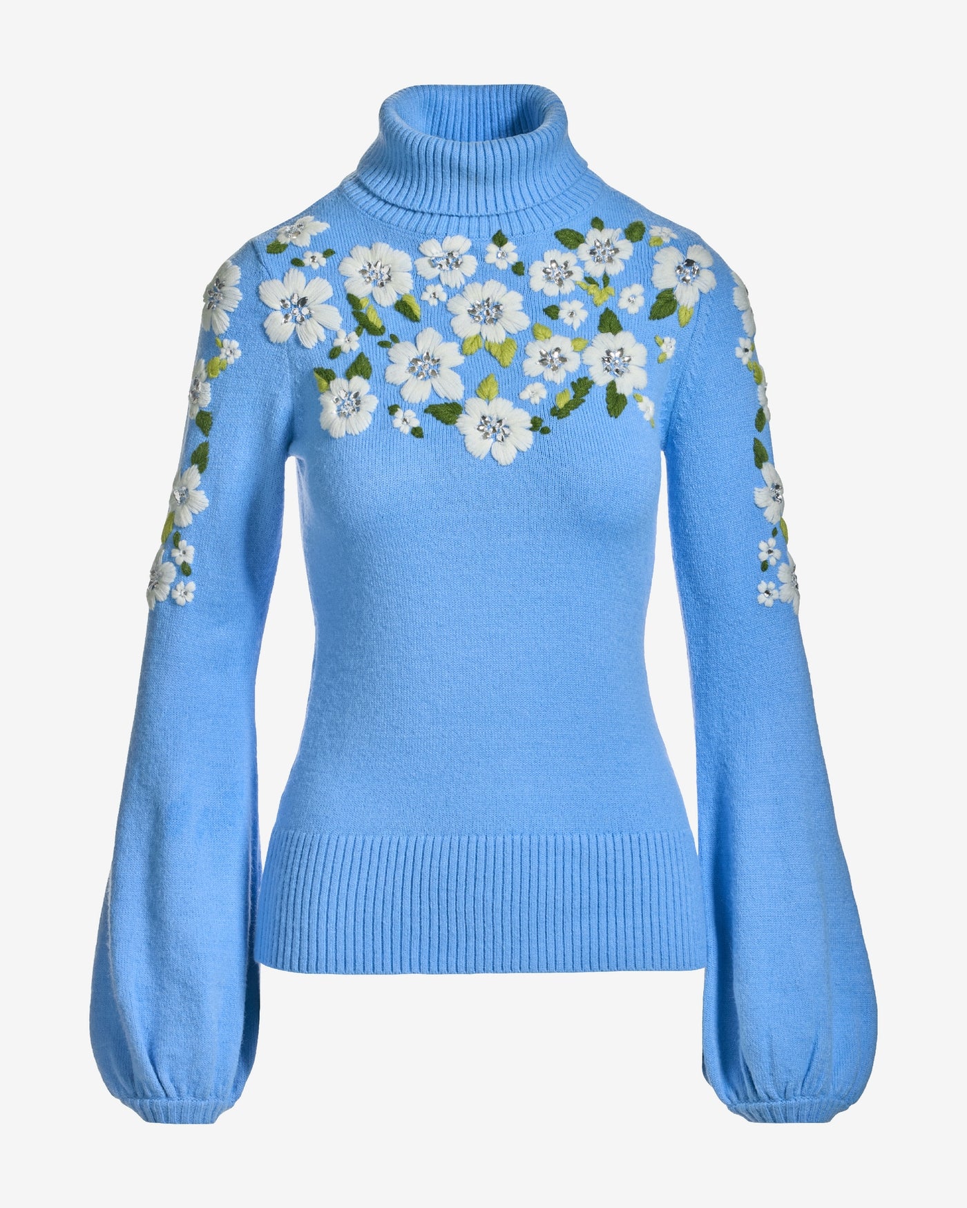 Flower Embroidered Turtleneck Sweater Blue Daze