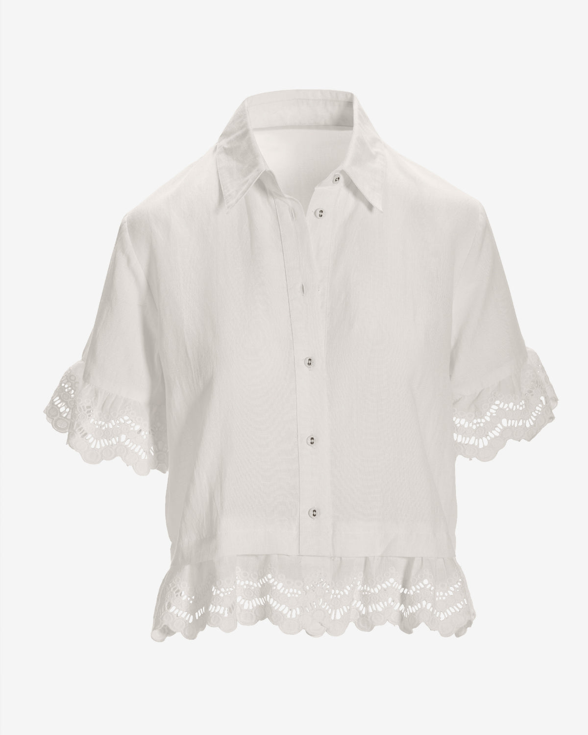 Linen Eyelet Ruffle Top Off White
