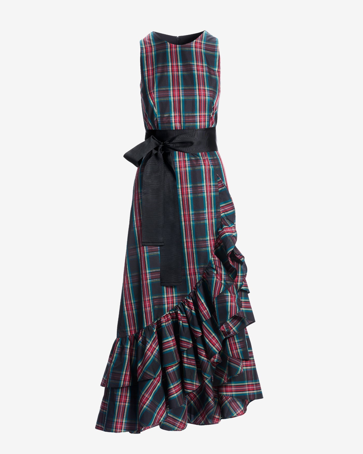 High Neck Plaid Ruffle Gown Black Multi